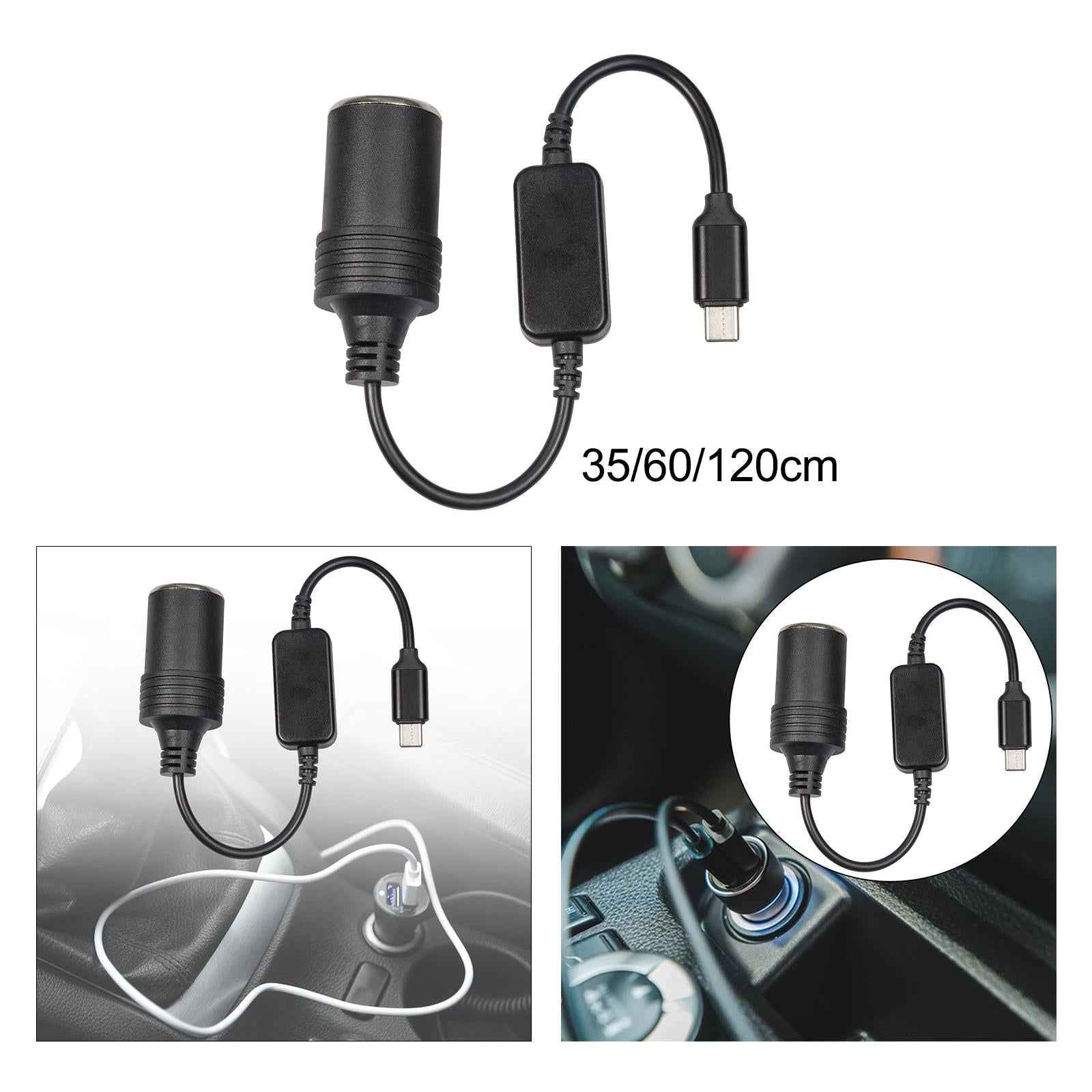 USB C Male to 12V Car Cigarette Lighter Socket Female Converter Cable 12W 0.35m
