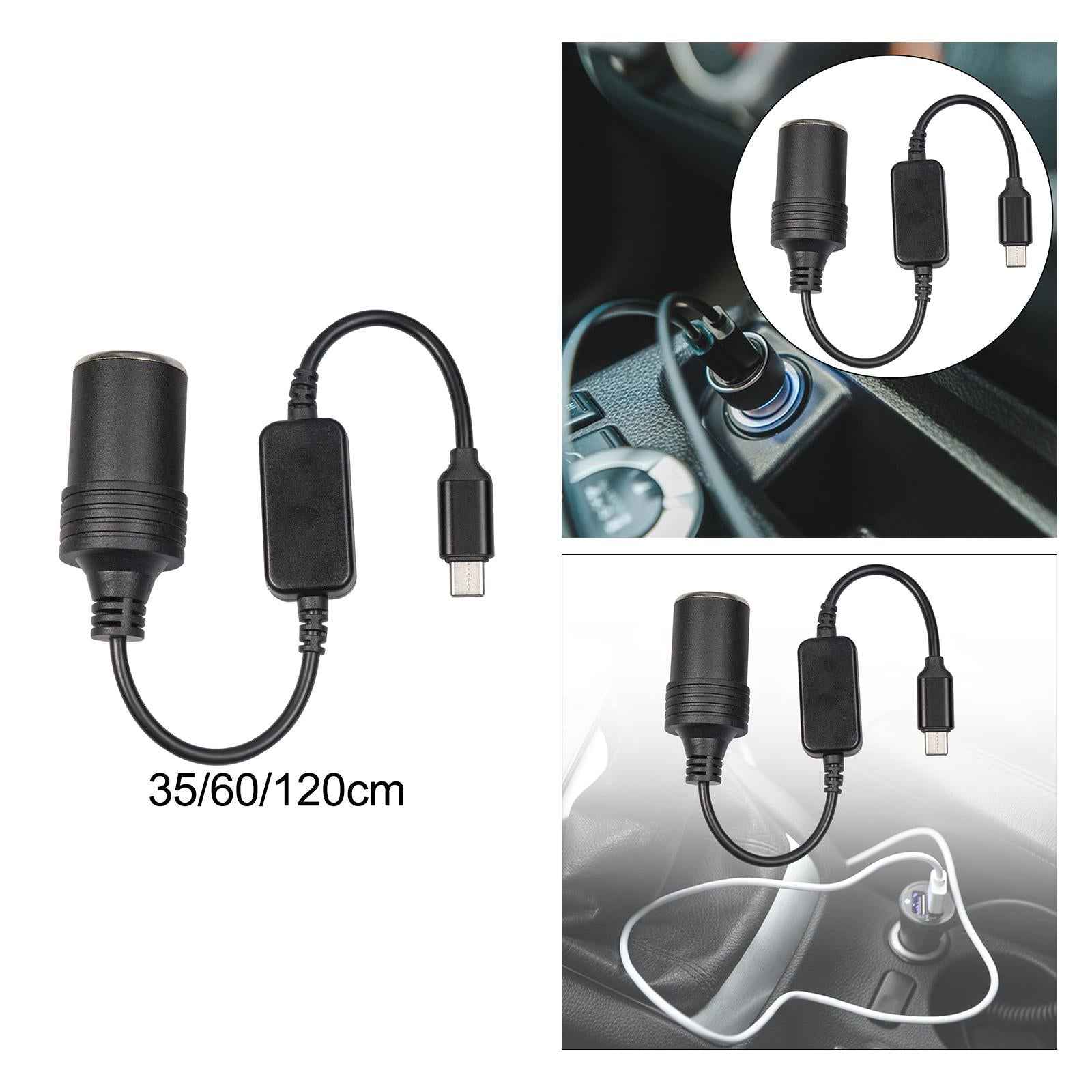 USB C Male to 12V Car Cigarette Lighter Socket Female Converter Cable 12W 0.35m