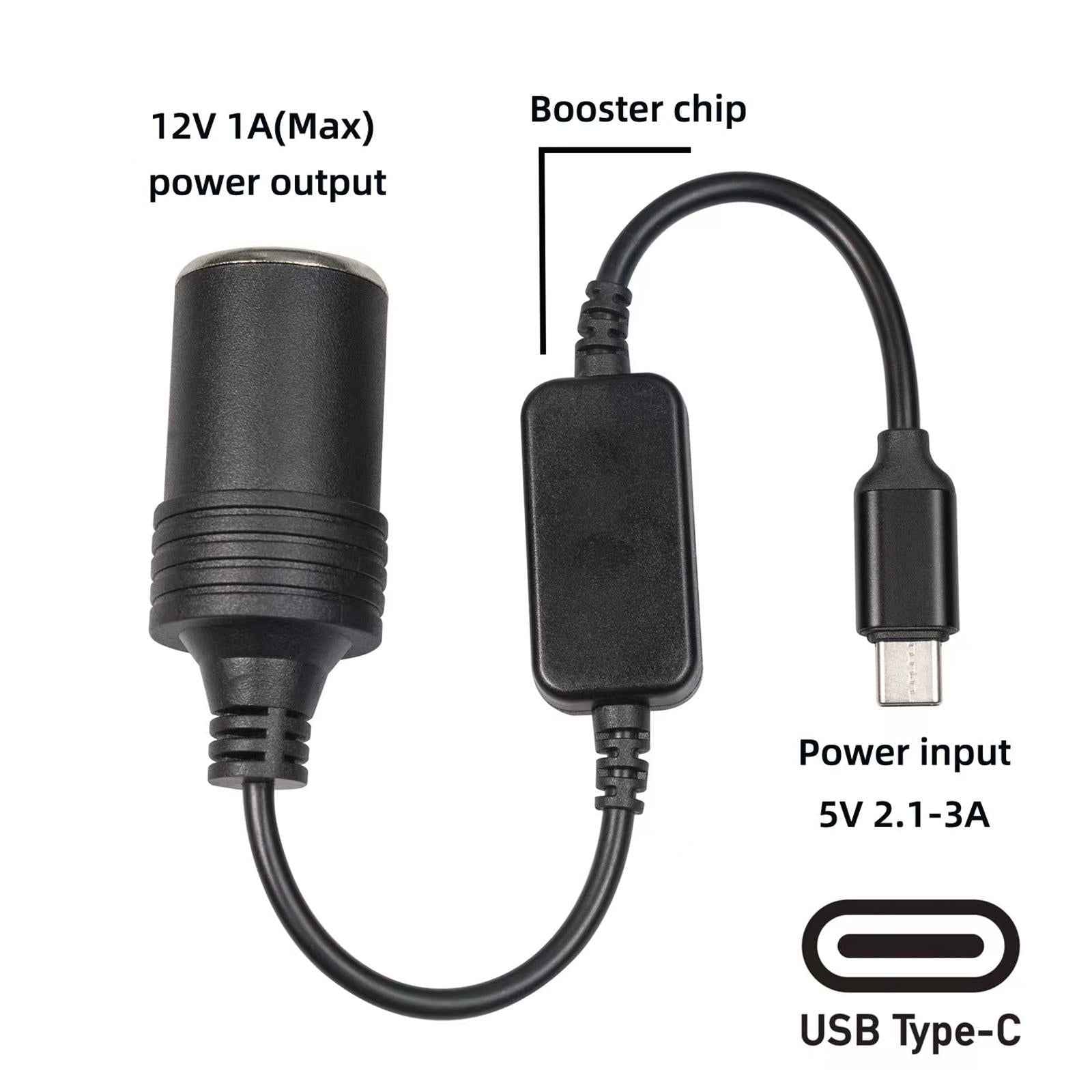 USB C Male to 12V Car Cigarette Lighter Socket Female Converter Cable 12W 0.35m
