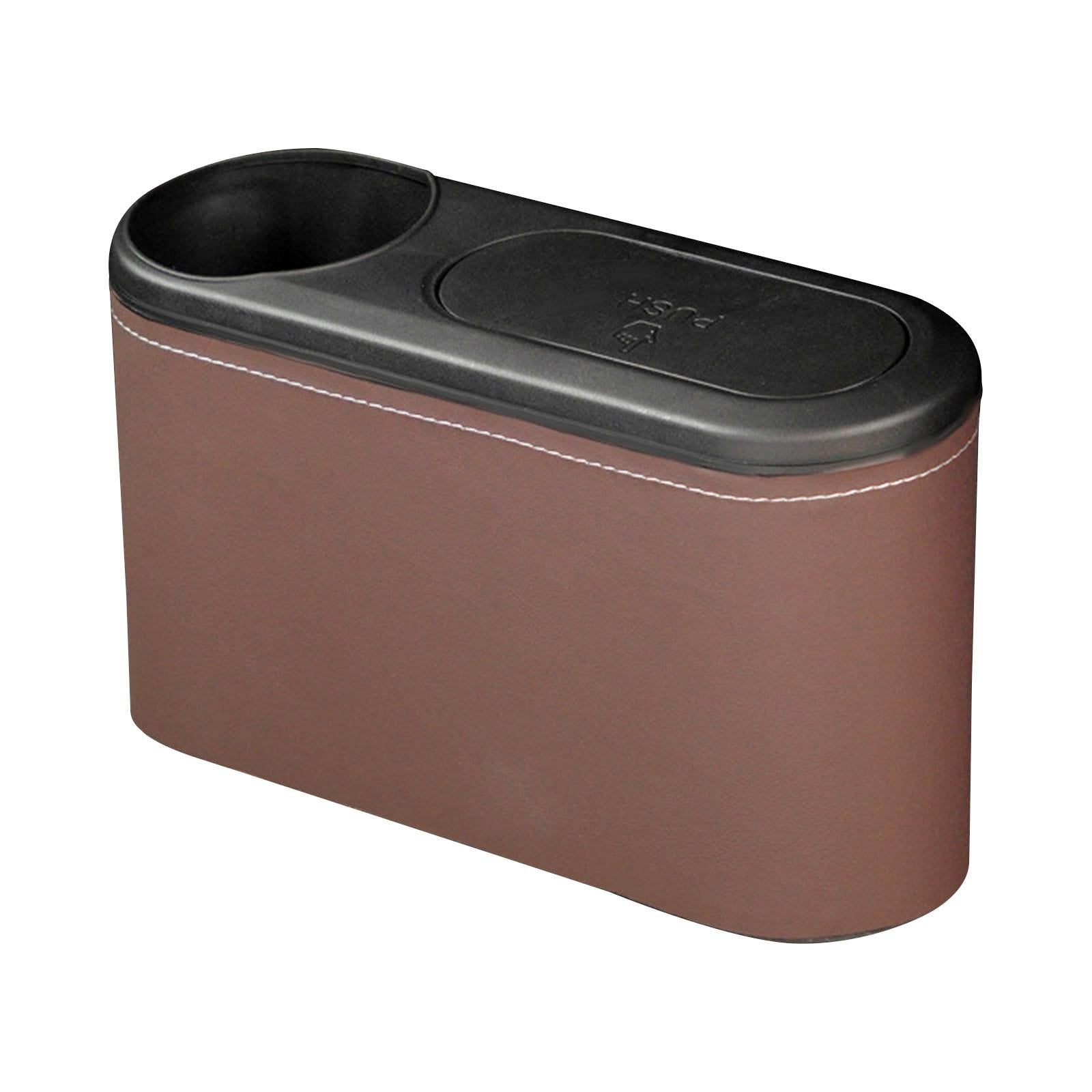 Car Trash Can with Lid Auto Accessories Trash Container for Keys Bottle Brown PU Leather