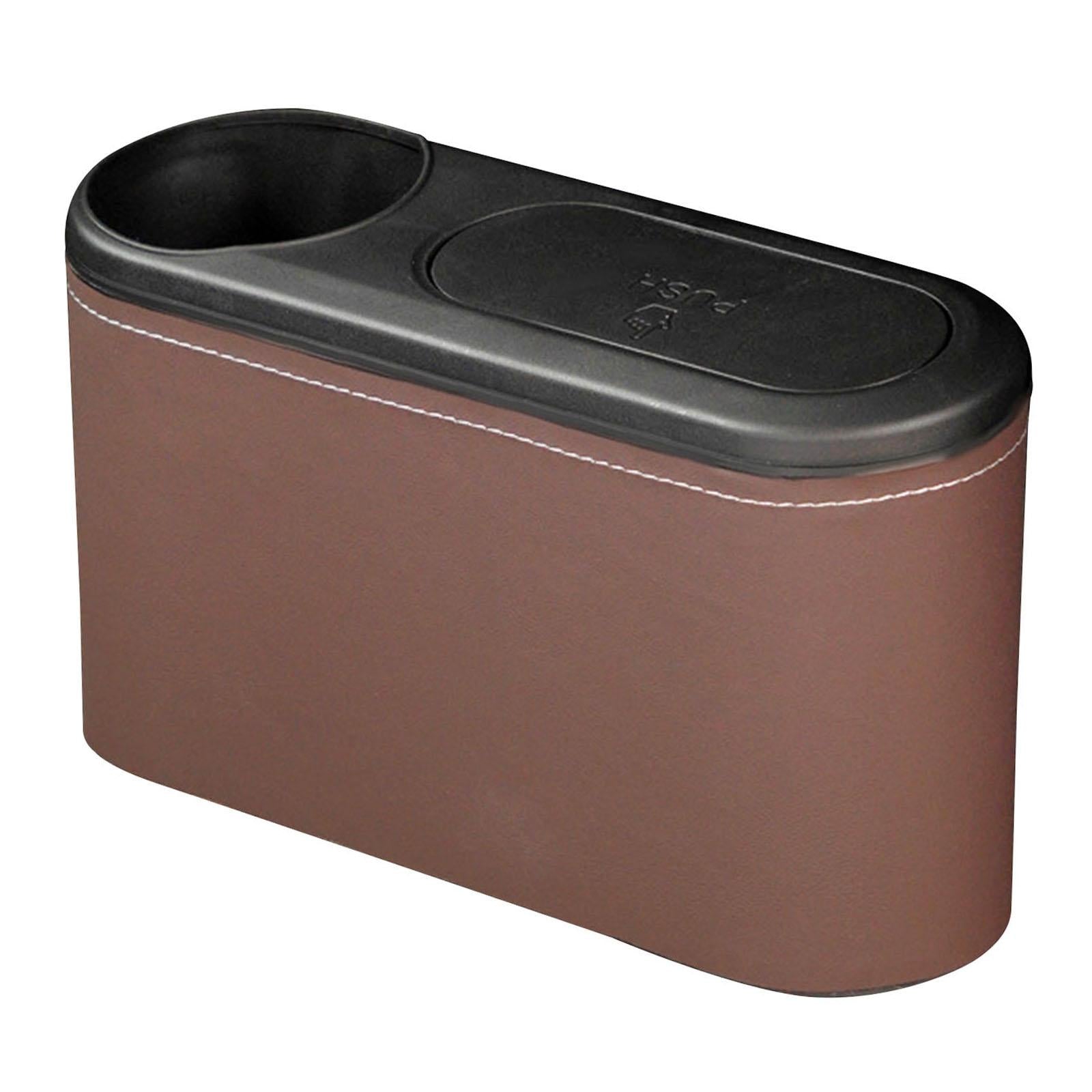 Car Trash Can with Lid Auto Accessories Trash Container for Keys Bottle Brown PU Leather