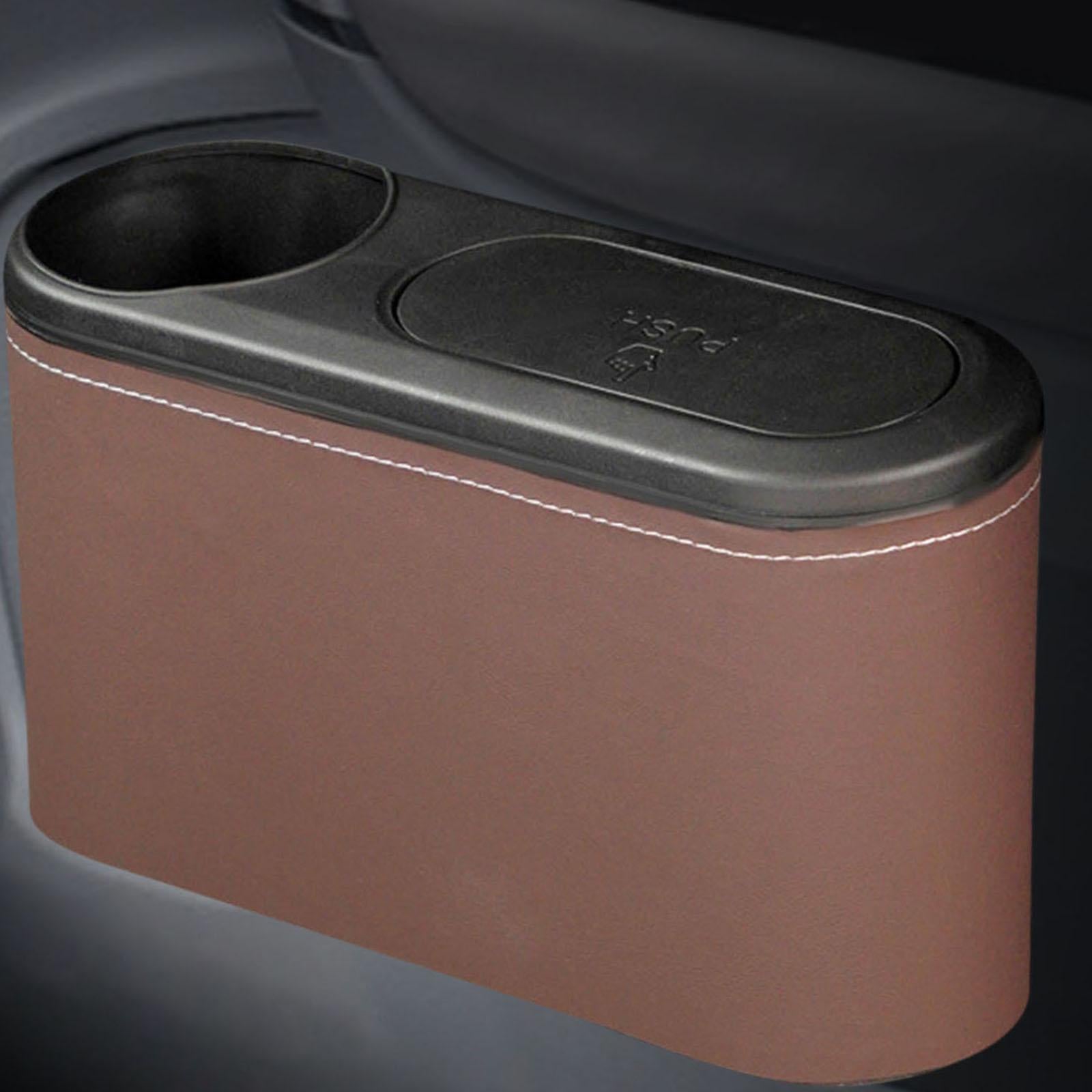 Car Trash Can with Lid Auto Accessories Trash Container for Keys Bottle Brown PU Leather