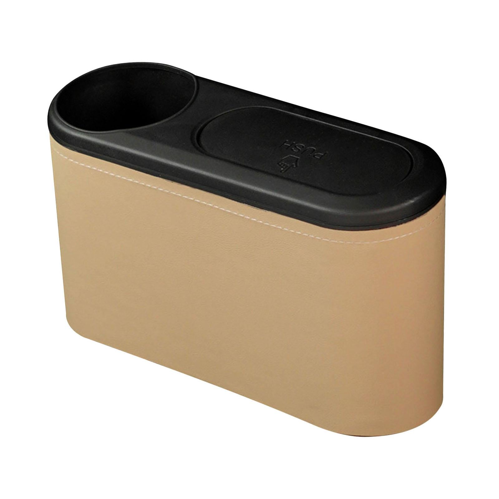 Car Trash Can with Lid Auto Accessories Trash Container for Keys Bottle Beige PU Leather