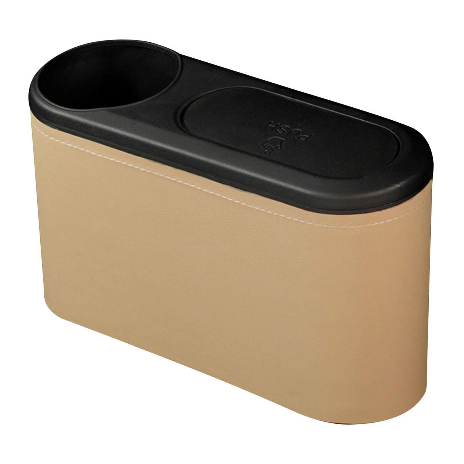 Car Trash Can with Lid Auto Accessories Trash Container for Keys Bottle Beige PU Leather