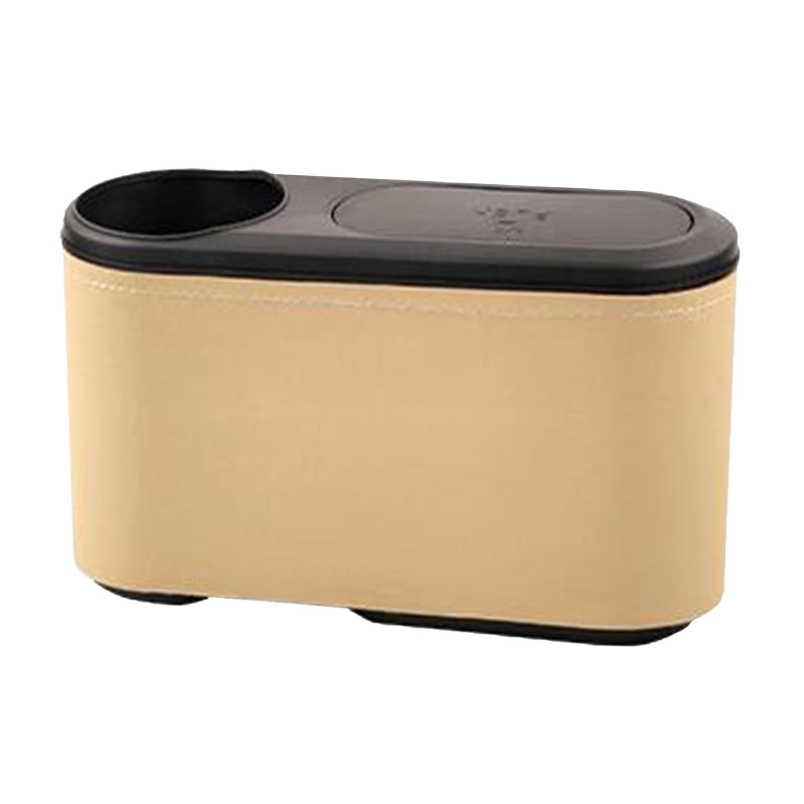 Car Trash Can with Lid Auto Accessories Trash Container for Keys Bottle Beige PU Leather