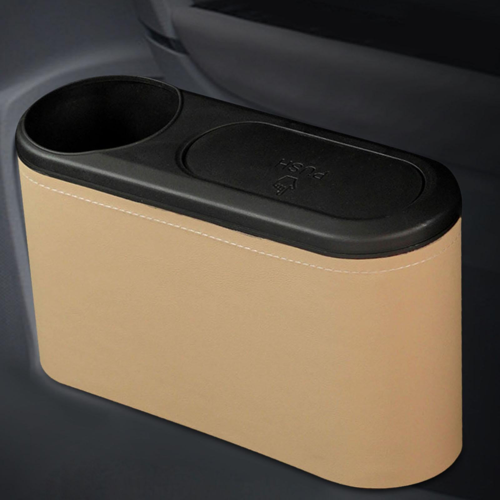 Car Trash Can with Lid Auto Accessories Trash Container for Keys Bottle Beige PU Leather