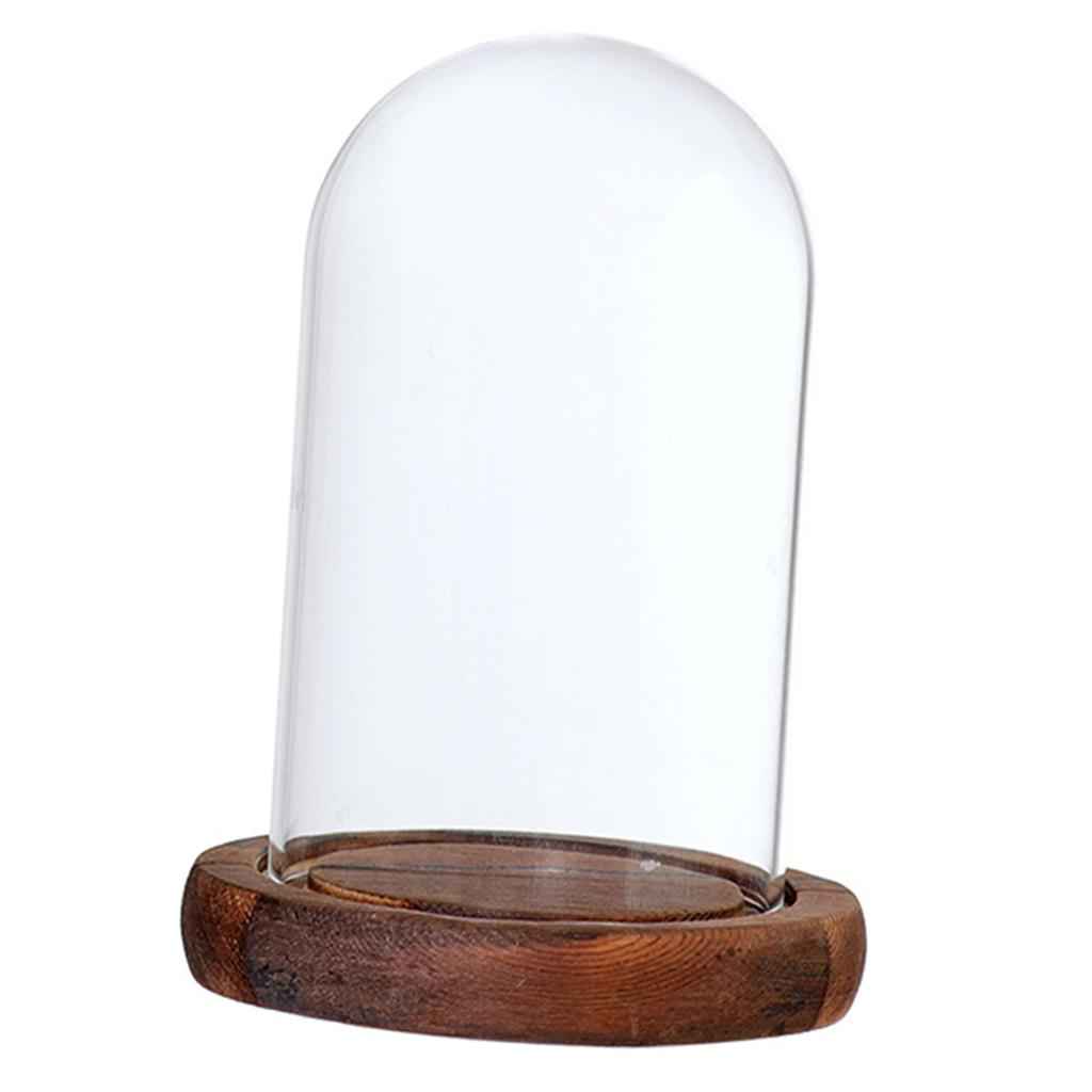 Glass Dome Cloche with Wood Base Flower Landscape Holder Glass Cover Brown A