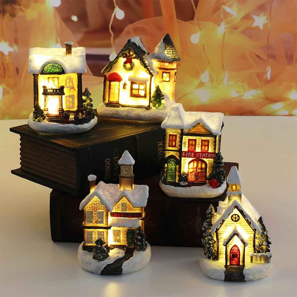 Resin Christmas Scene Snow House LED Village Set Desktop Decoration Gift C