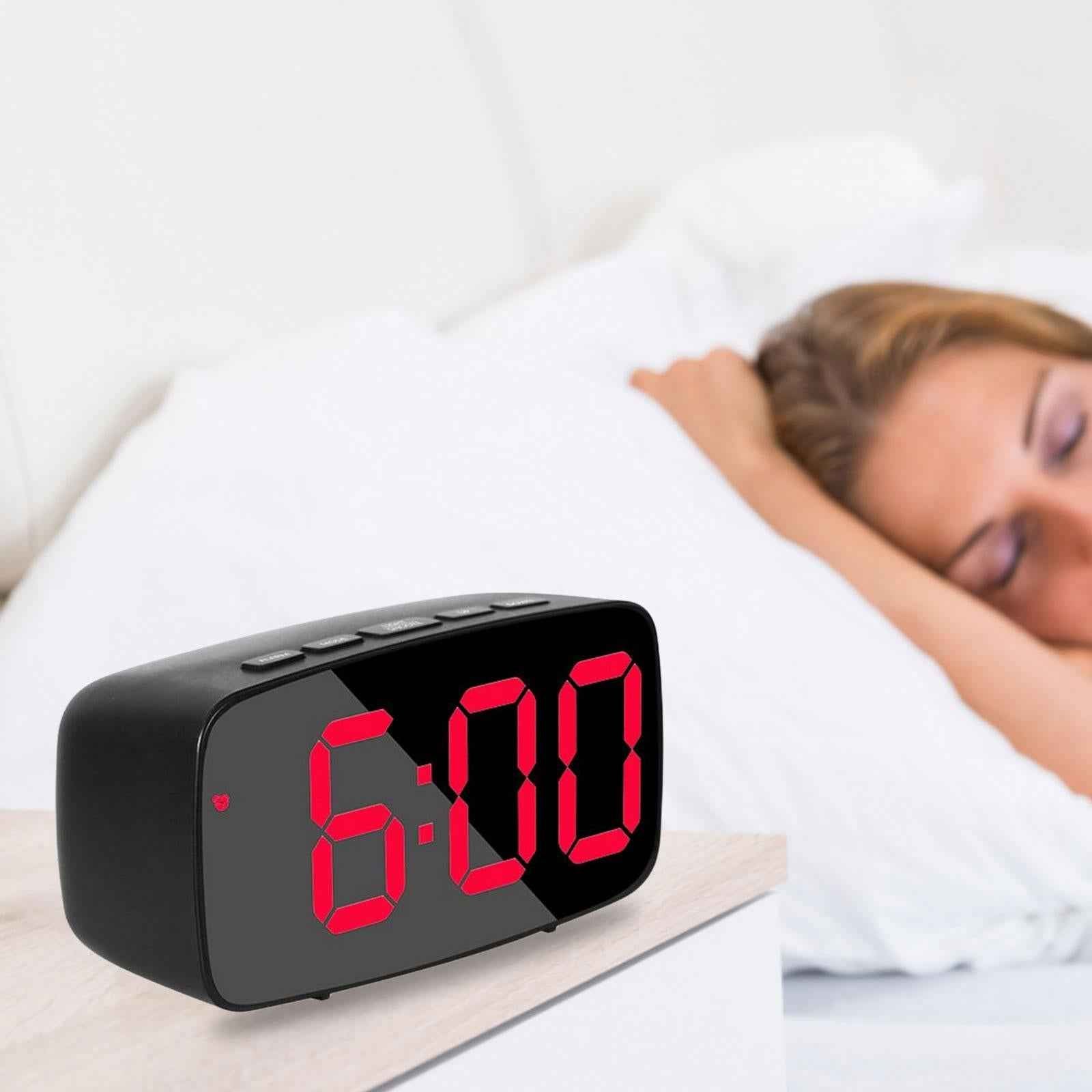 Digital LED Alarm Clock Bedroom Mirror Surface Snooze Bedside Red Light