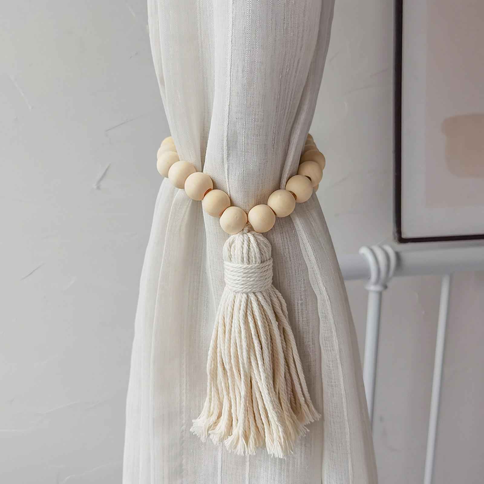 Natural Wood Bead Curtain Tiebacks Home Decor Boho Tassels Beaded Rope Ties