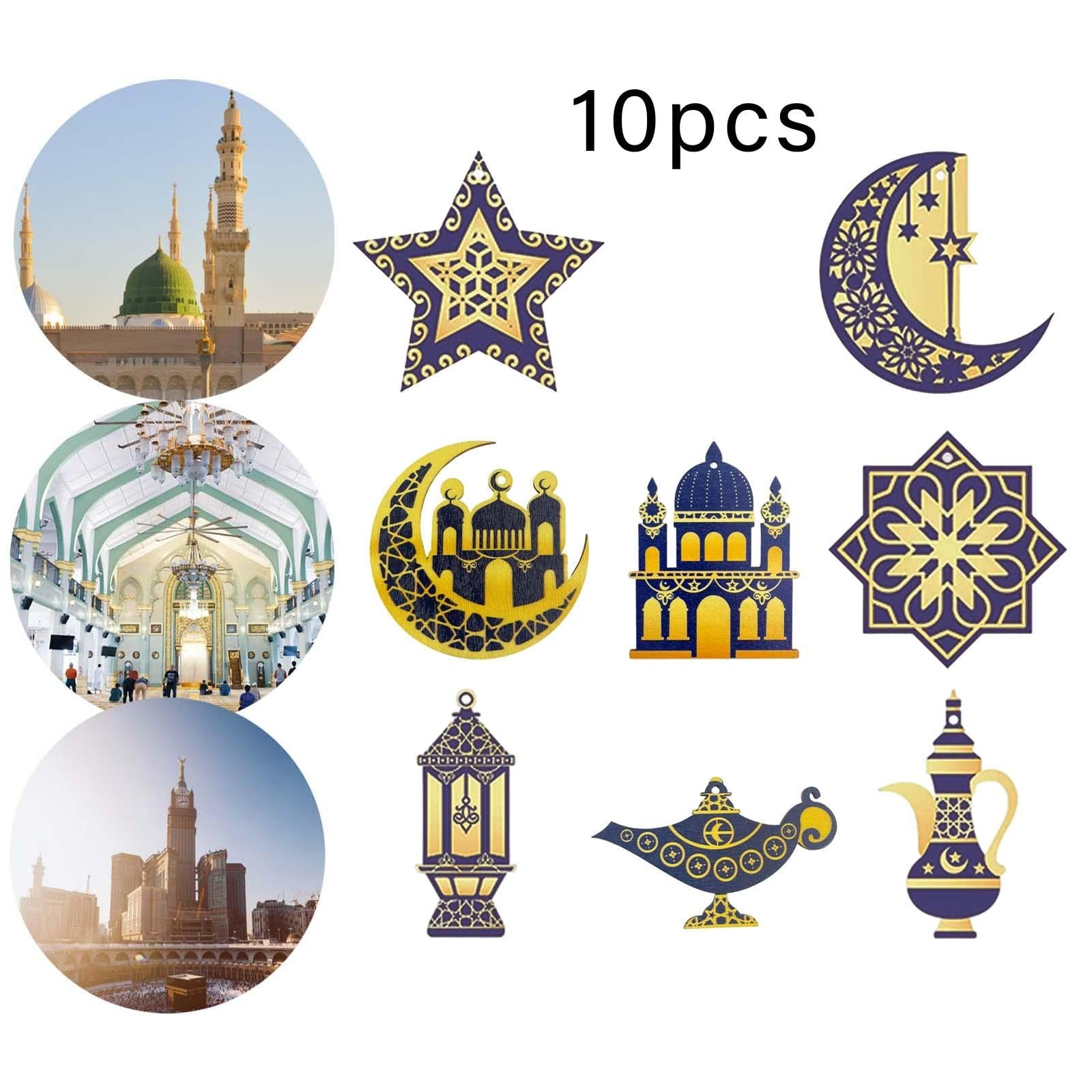 10 Pieces Eid Mubarak Wooden Ornament Wall Hanging Party Pendant Muslim A