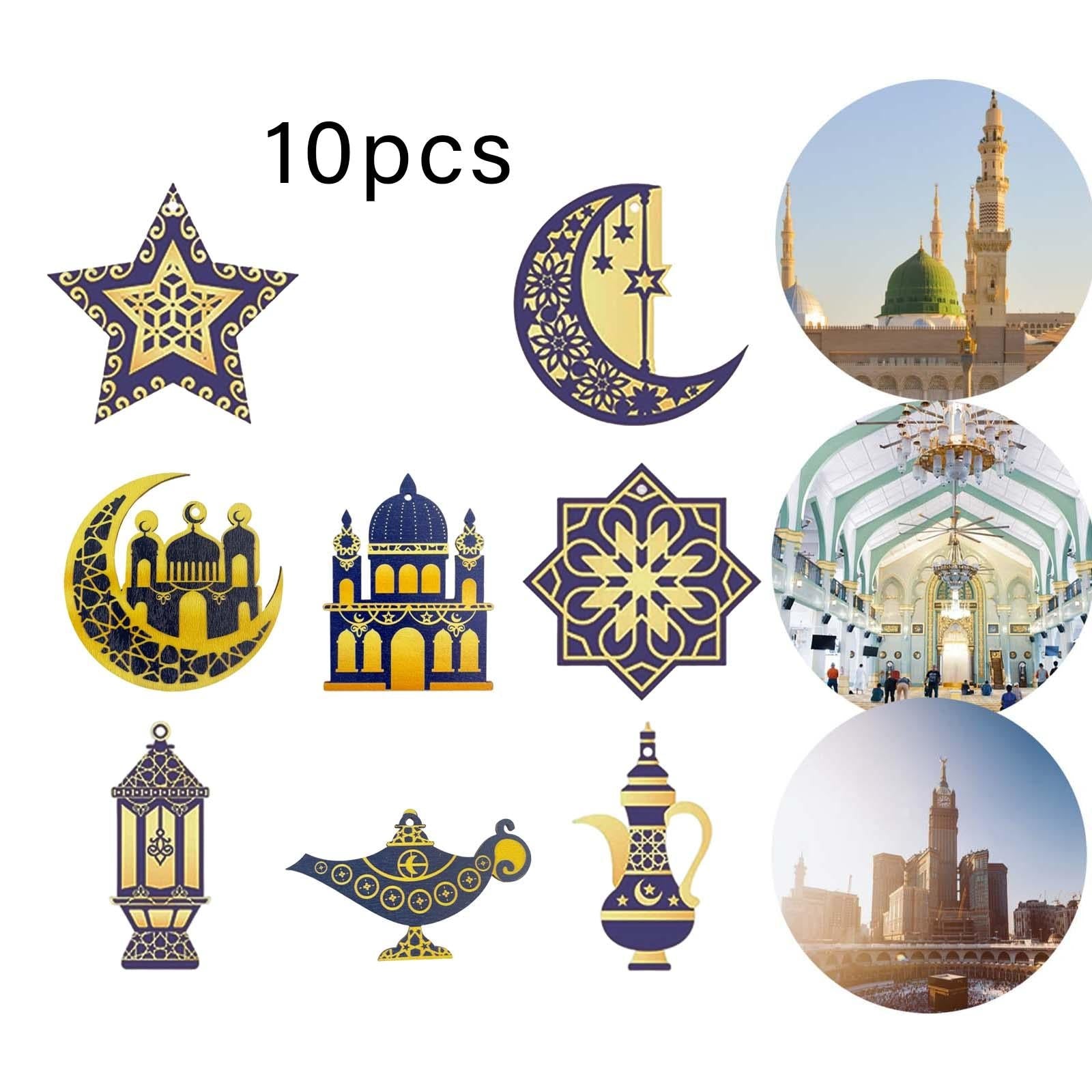 10 Pieces Eid Mubarak Wooden Ornament Wall Hanging Party Pendant Muslim A