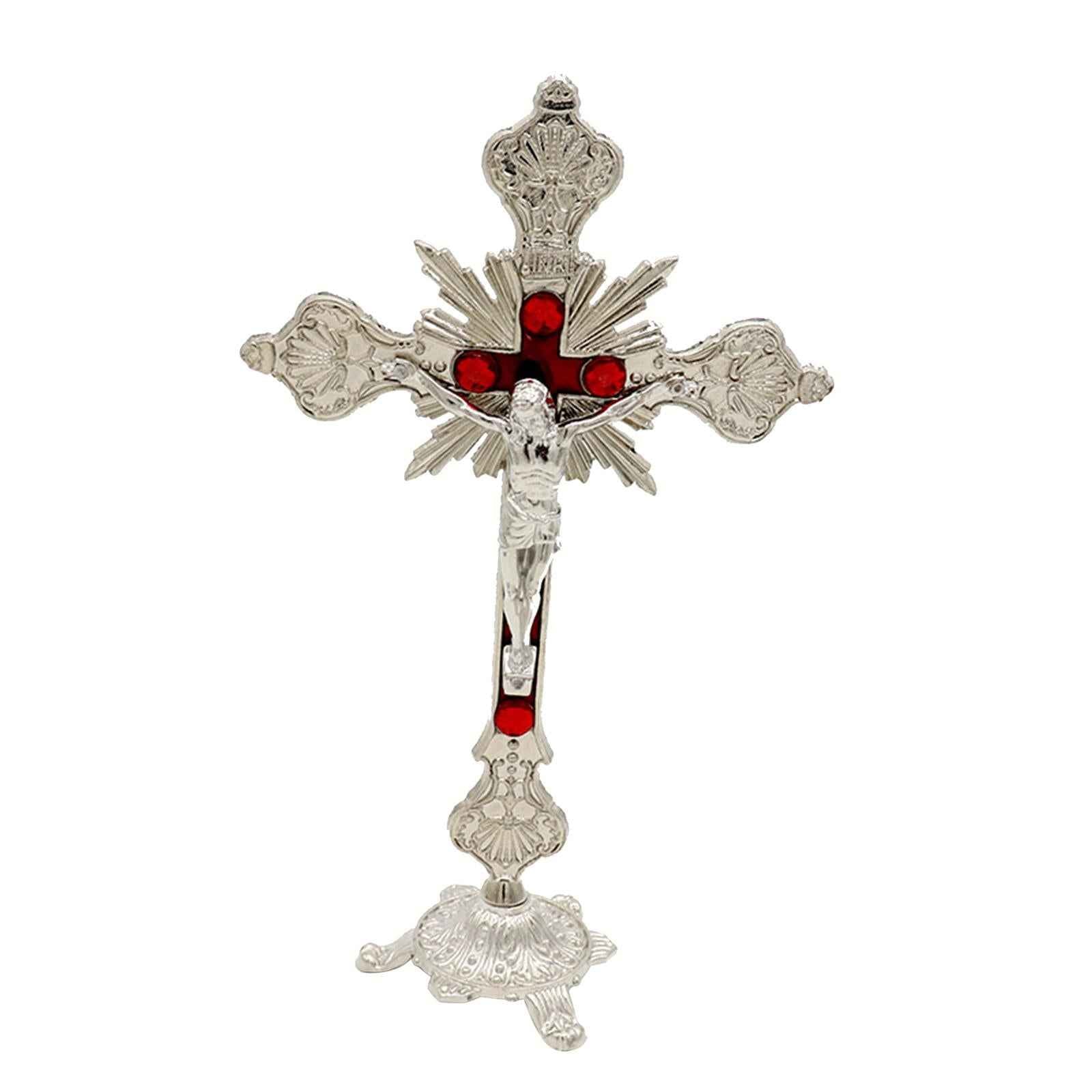 Standing Crucifix 10 Inches Metal Table Cross for Tabletop Chapel Home Decor Silver