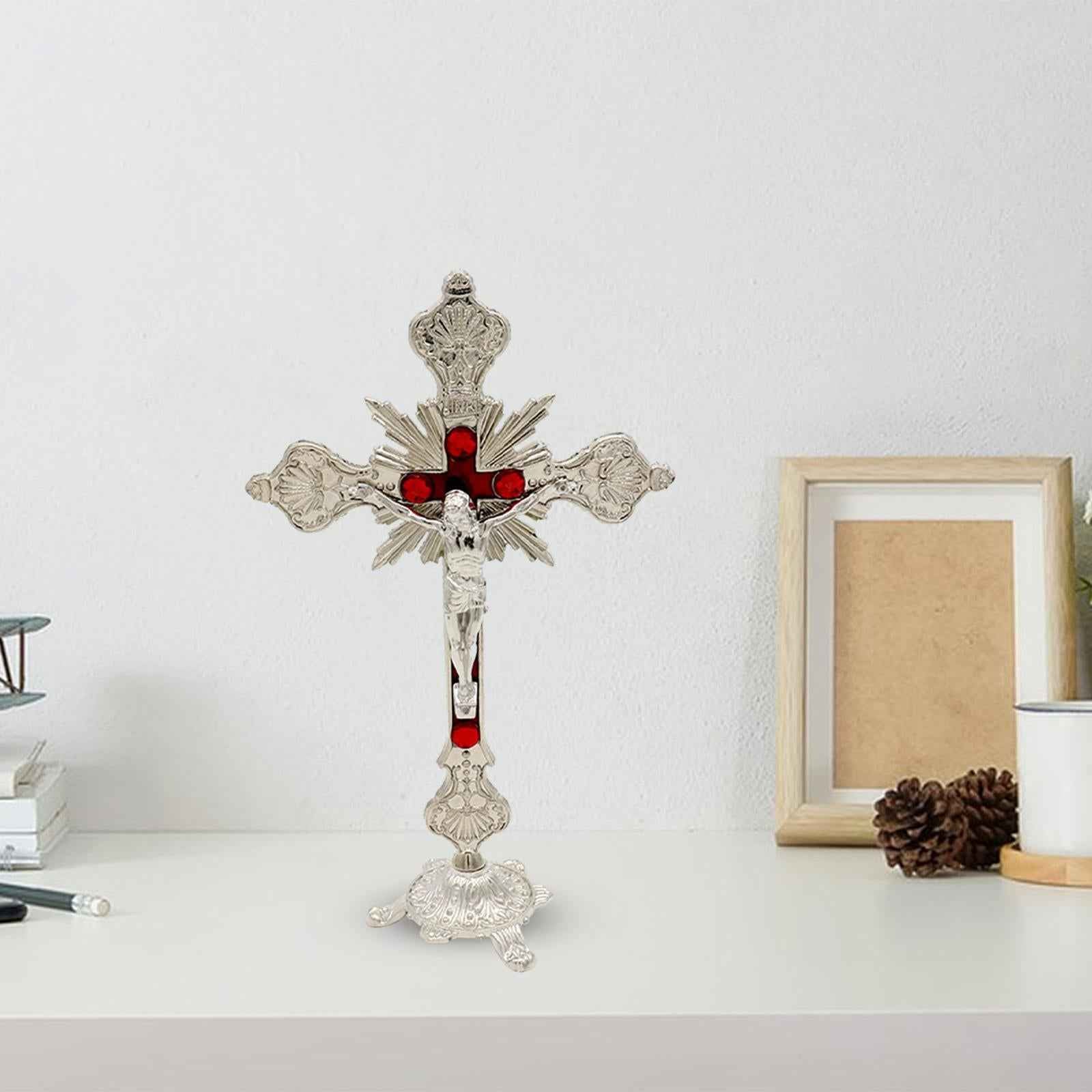 Standing Crucifix 10 Inches Metal Table Cross for Tabletop Chapel Home Decor Silver
