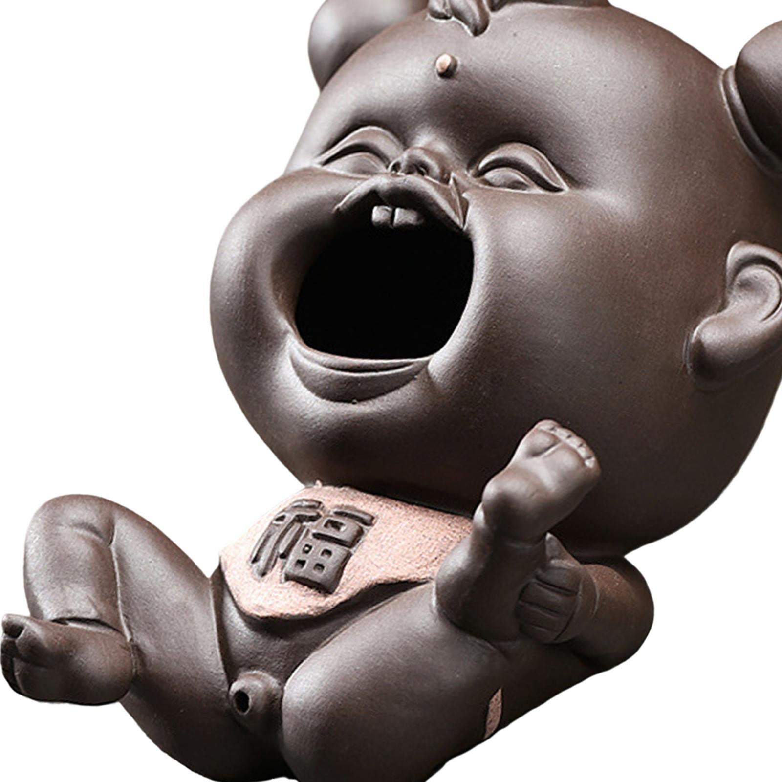 Ceramic Clay Chinese Fu Baby Mini Tea Pet Figurine Souvenir for Fairy Garden Dark Color