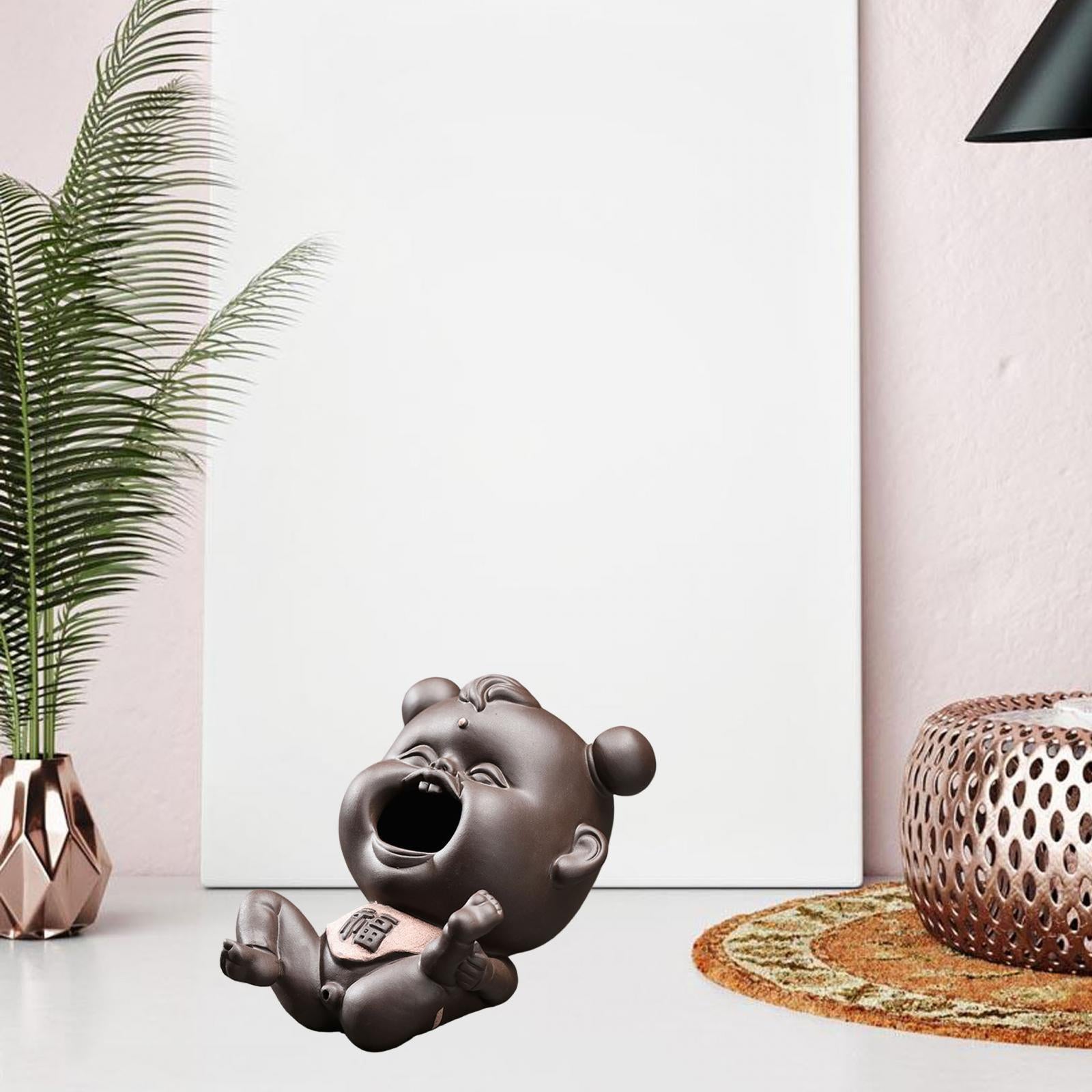 Ceramic Clay Chinese Fu Baby Mini Tea Pet Figurine Souvenir for Fairy Garden Dark Color