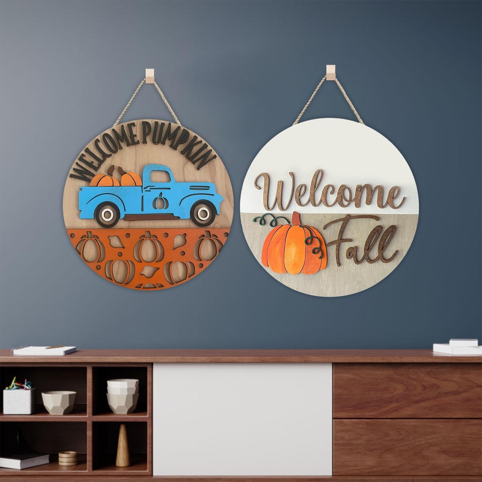 Pumpkin Sign Round Hanging Door Sign for Thanksgiving Day Front Porch Autumn white