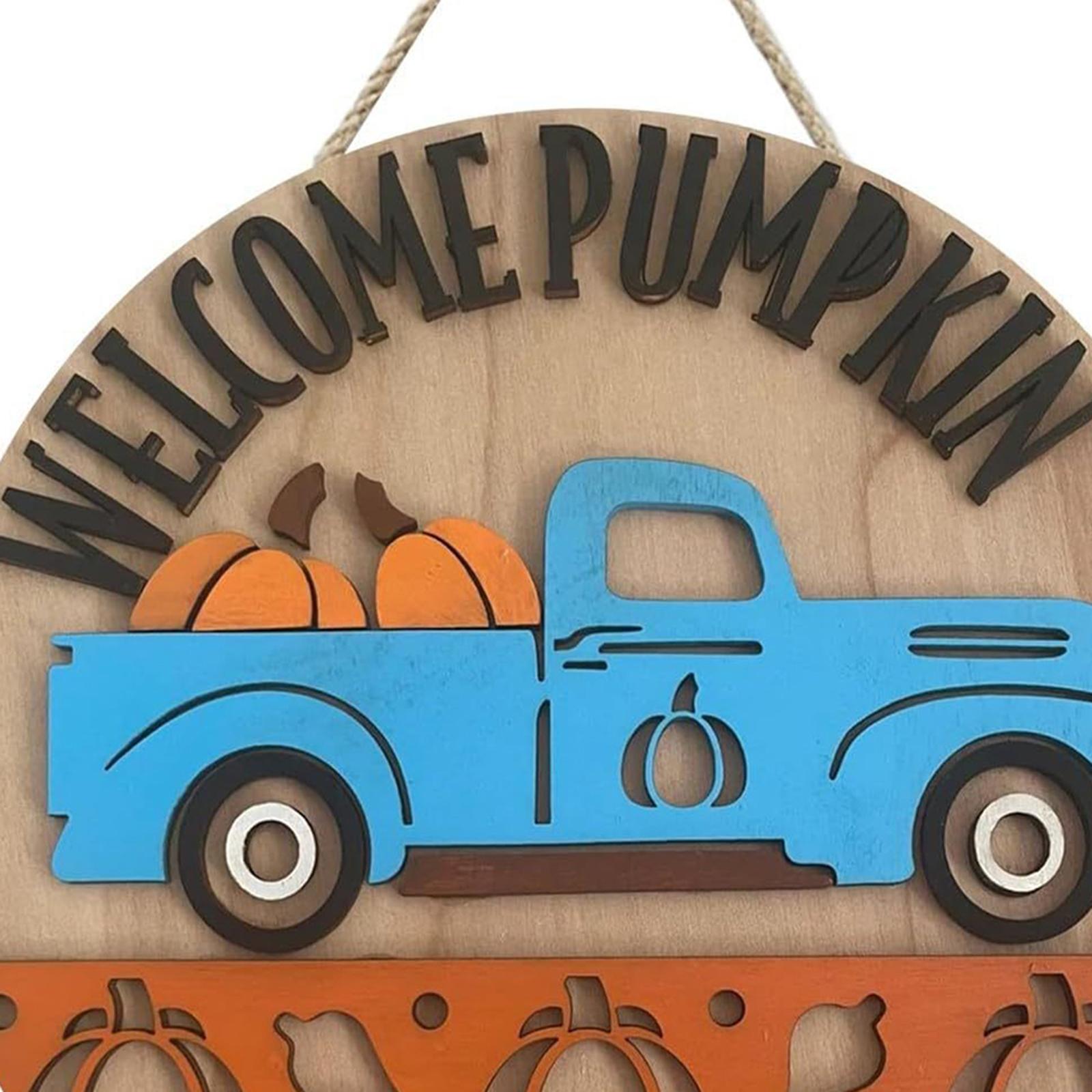 Pumpkin Sign Round Hanging Door Sign for Thanksgiving Day Front Porch Autumn blue
