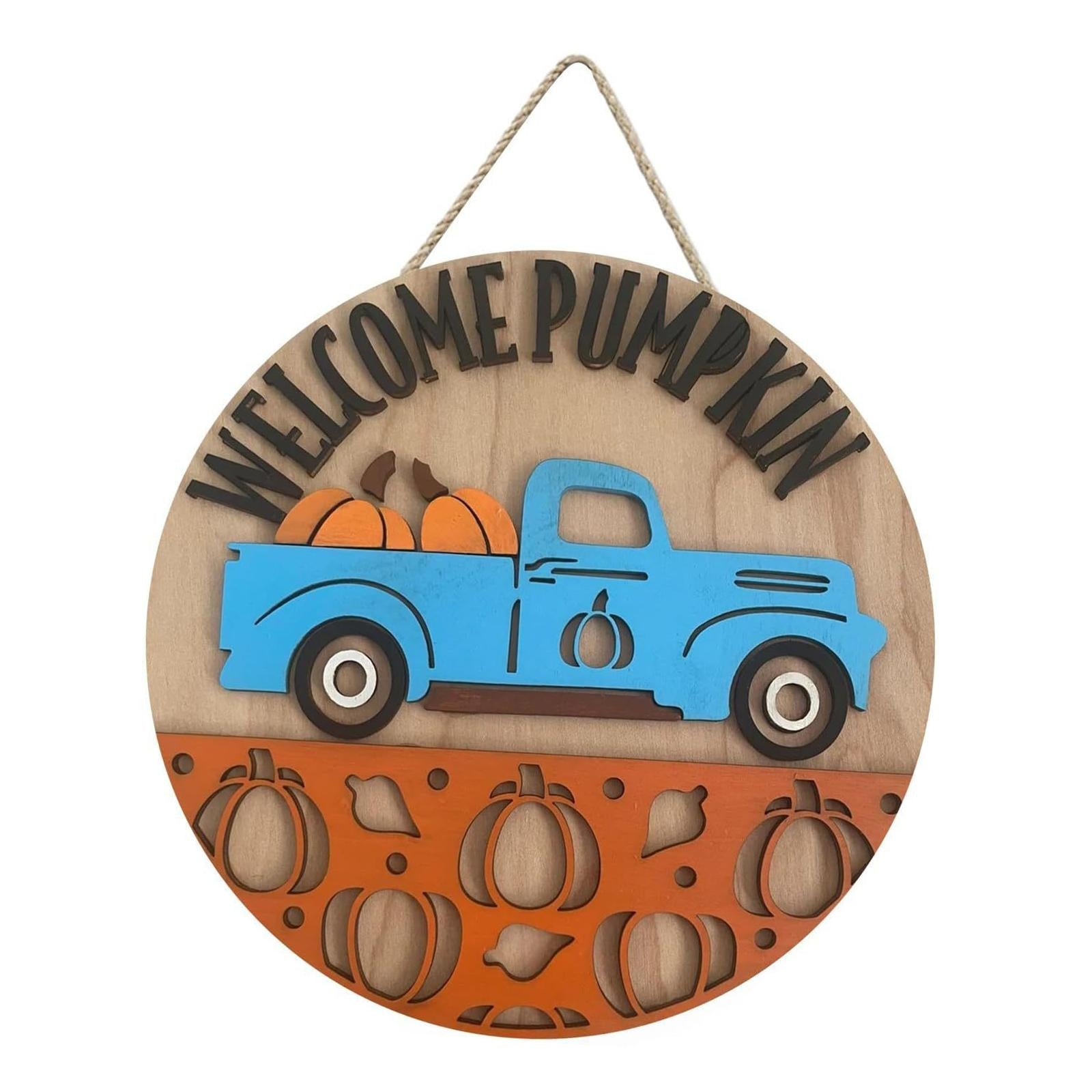 Pumpkin Sign Round Hanging Door Sign for Thanksgiving Day Front Porch Autumn blue