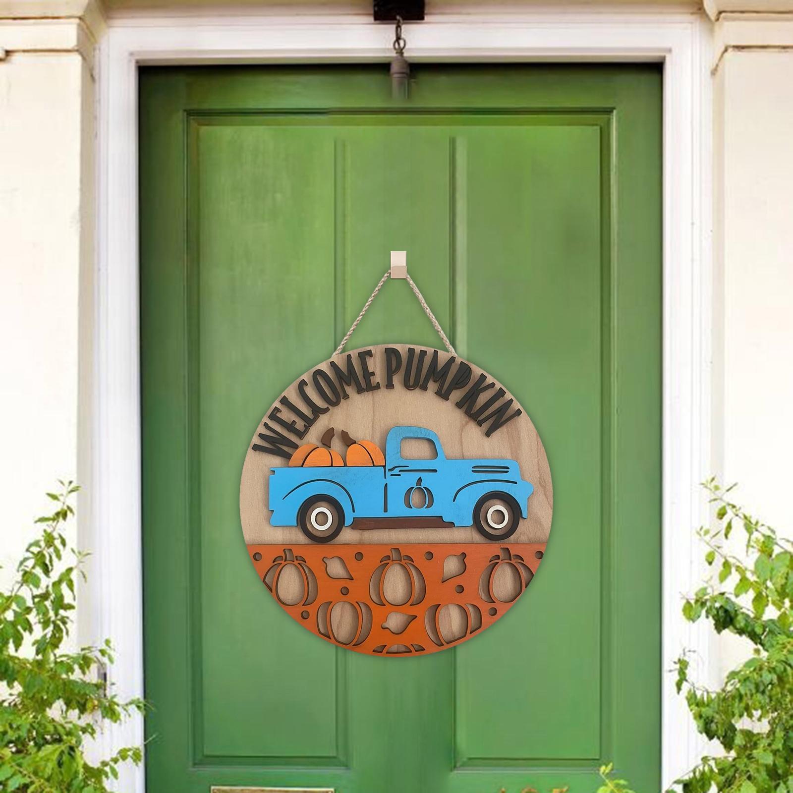 Pumpkin Sign Round Hanging Door Sign for Thanksgiving Day Front Porch Autumn blue