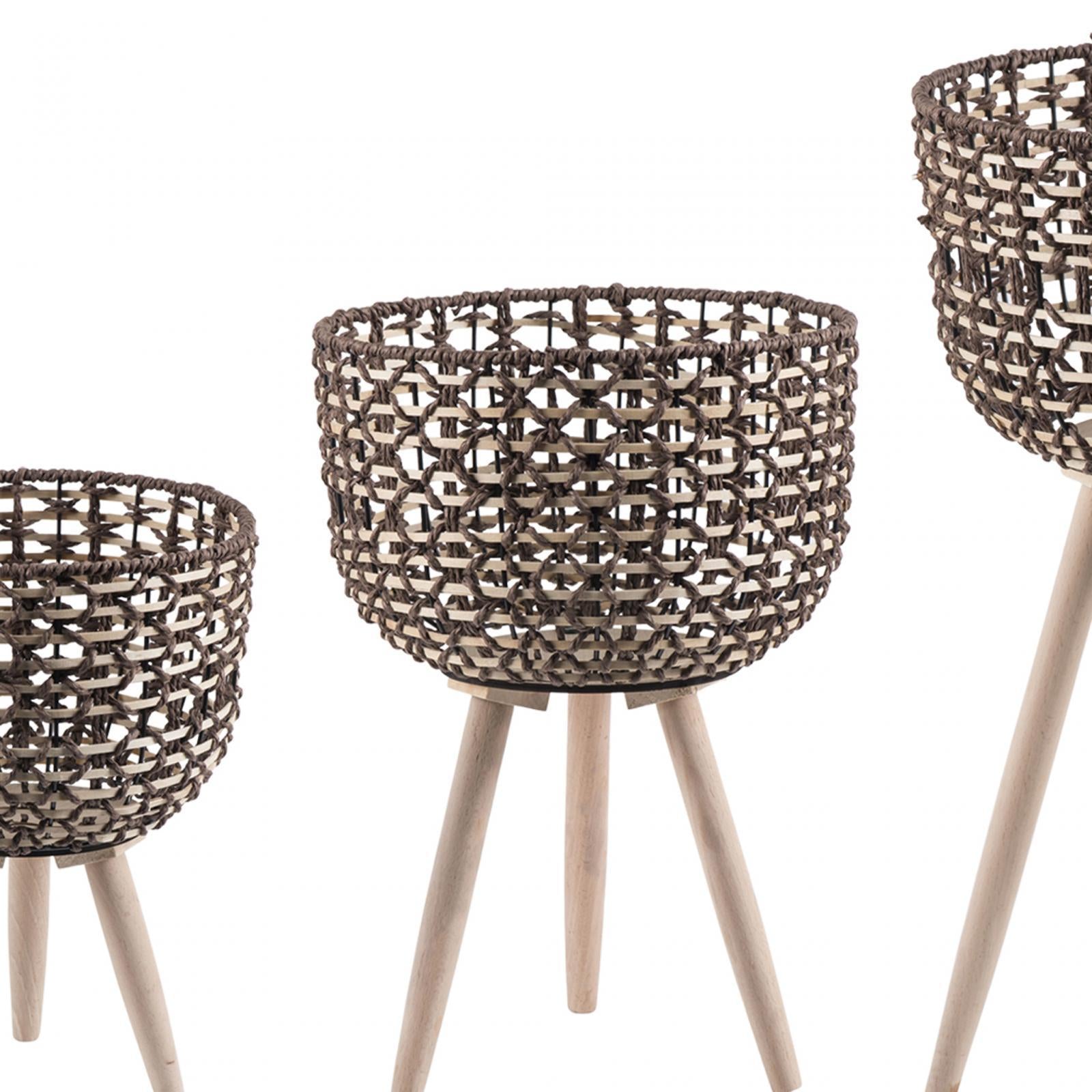 3 Pieces Woven Plant Pot Stand with Wooden Legs Convenient Assemble Handmade