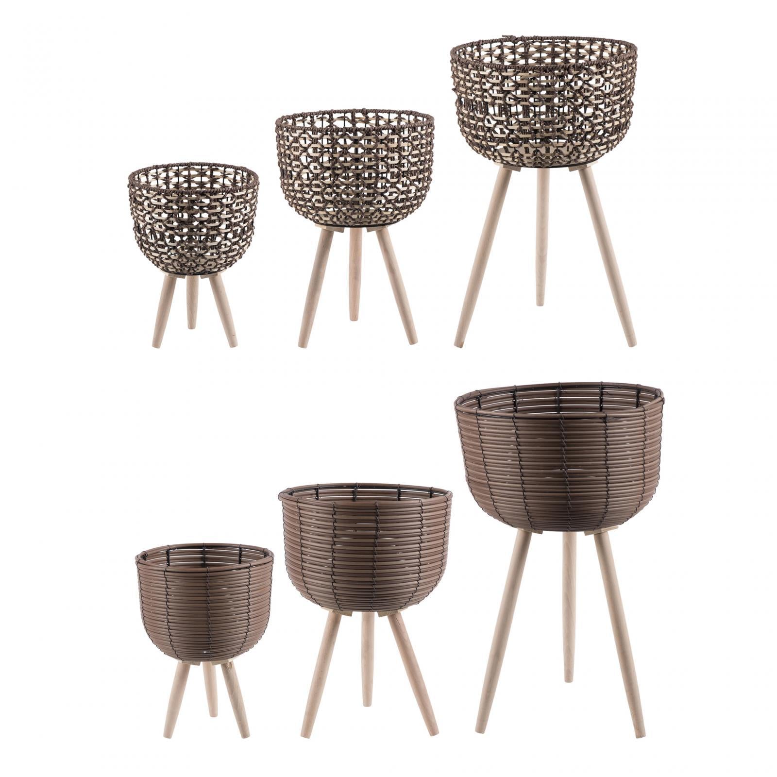 3 Pieces Woven Plant Pot Stand with Wooden Legs Convenient Assemble Handmade