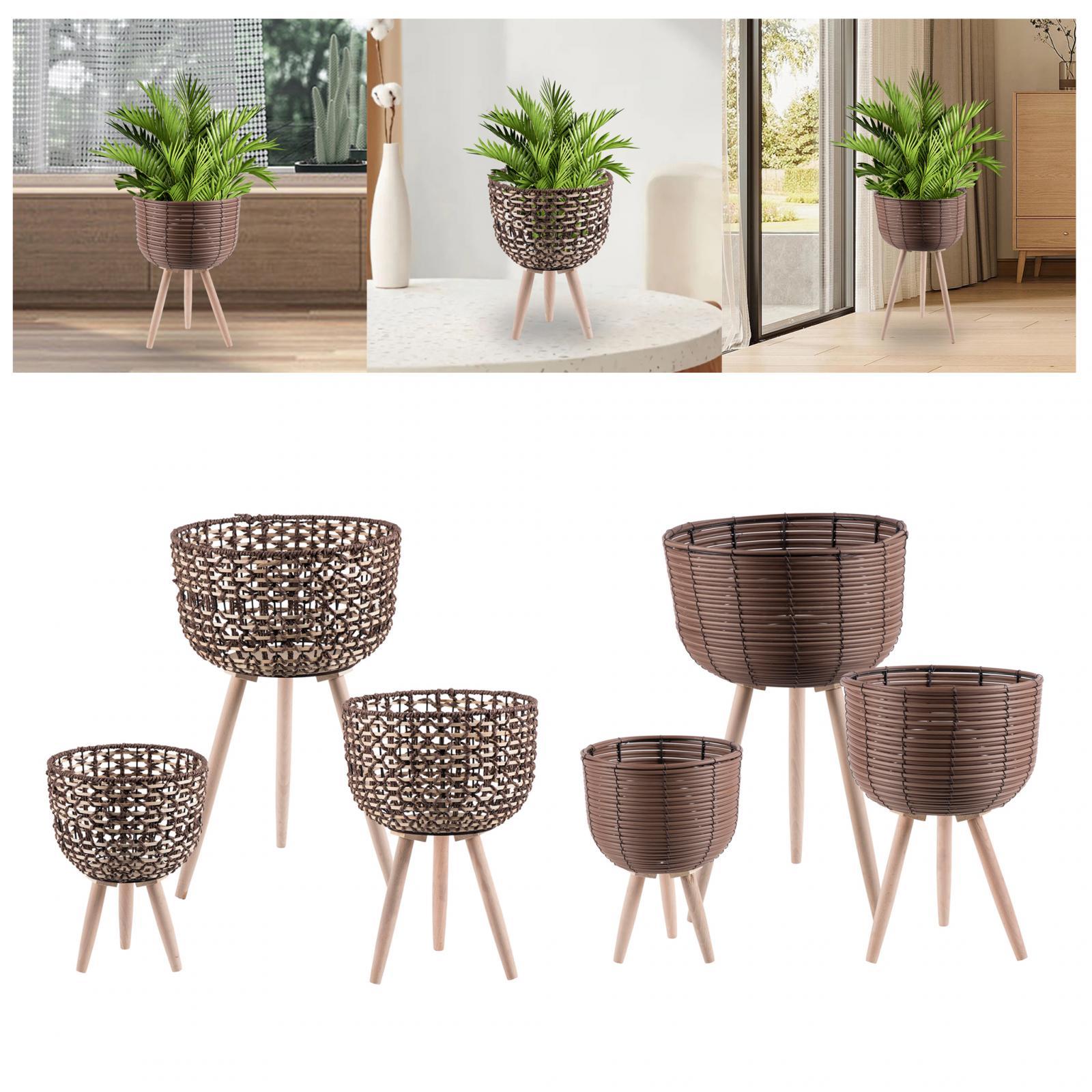 3 Pieces Woven Plant Pot Stand with Wooden Legs Convenient Assemble Handmade