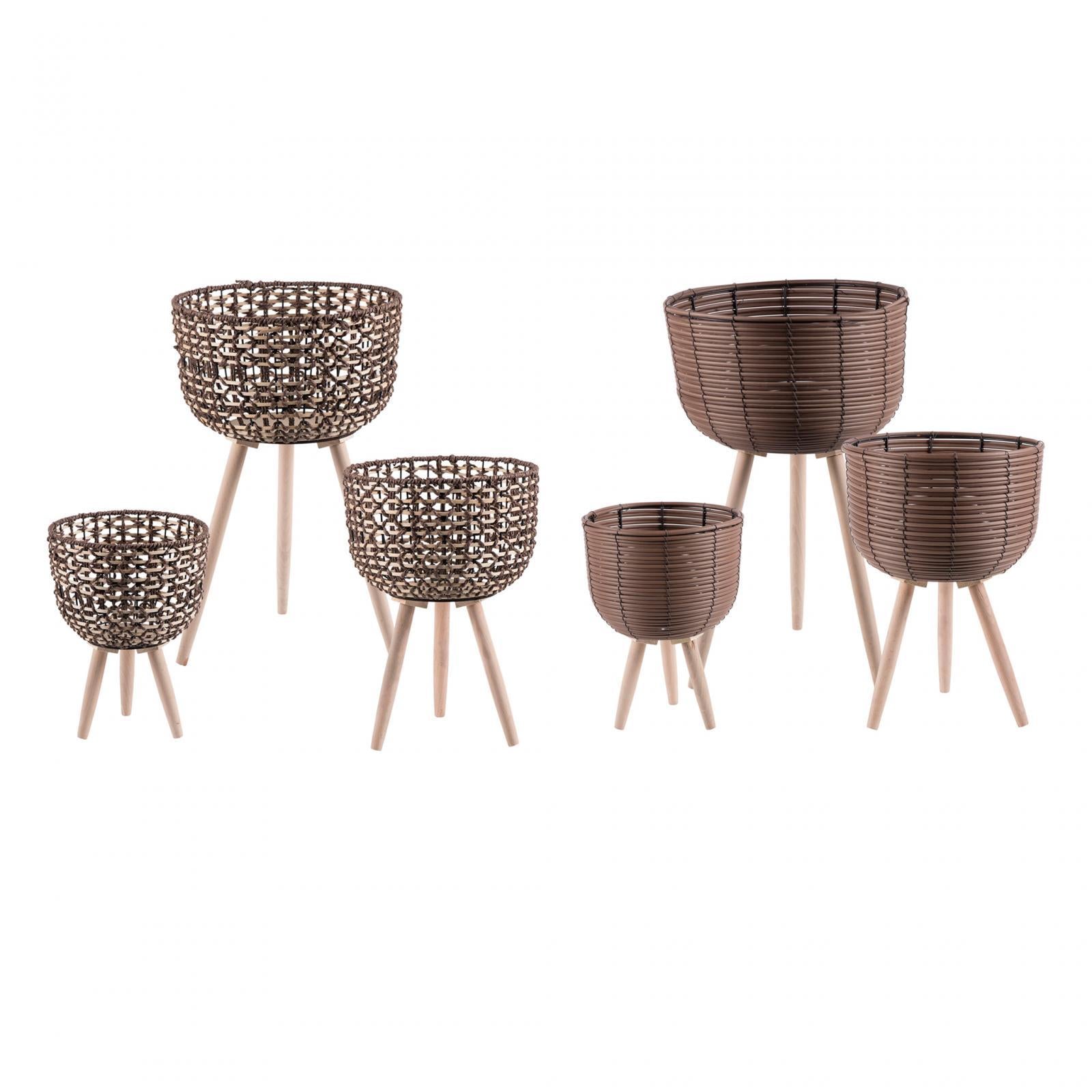 3 Pieces Woven Plant Pot Stand with Wooden Legs Convenient Assemble Handmade