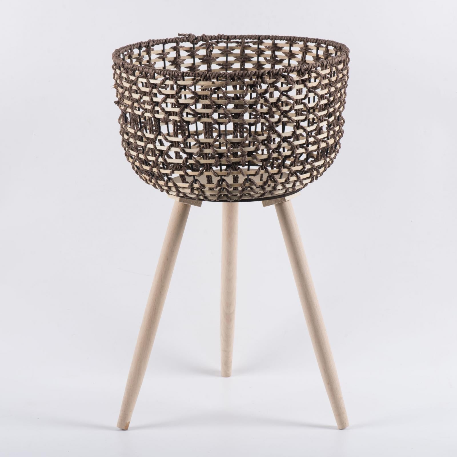 3 Pieces Woven Plant Pot Stand with Wooden Legs Convenient Assemble Handmade