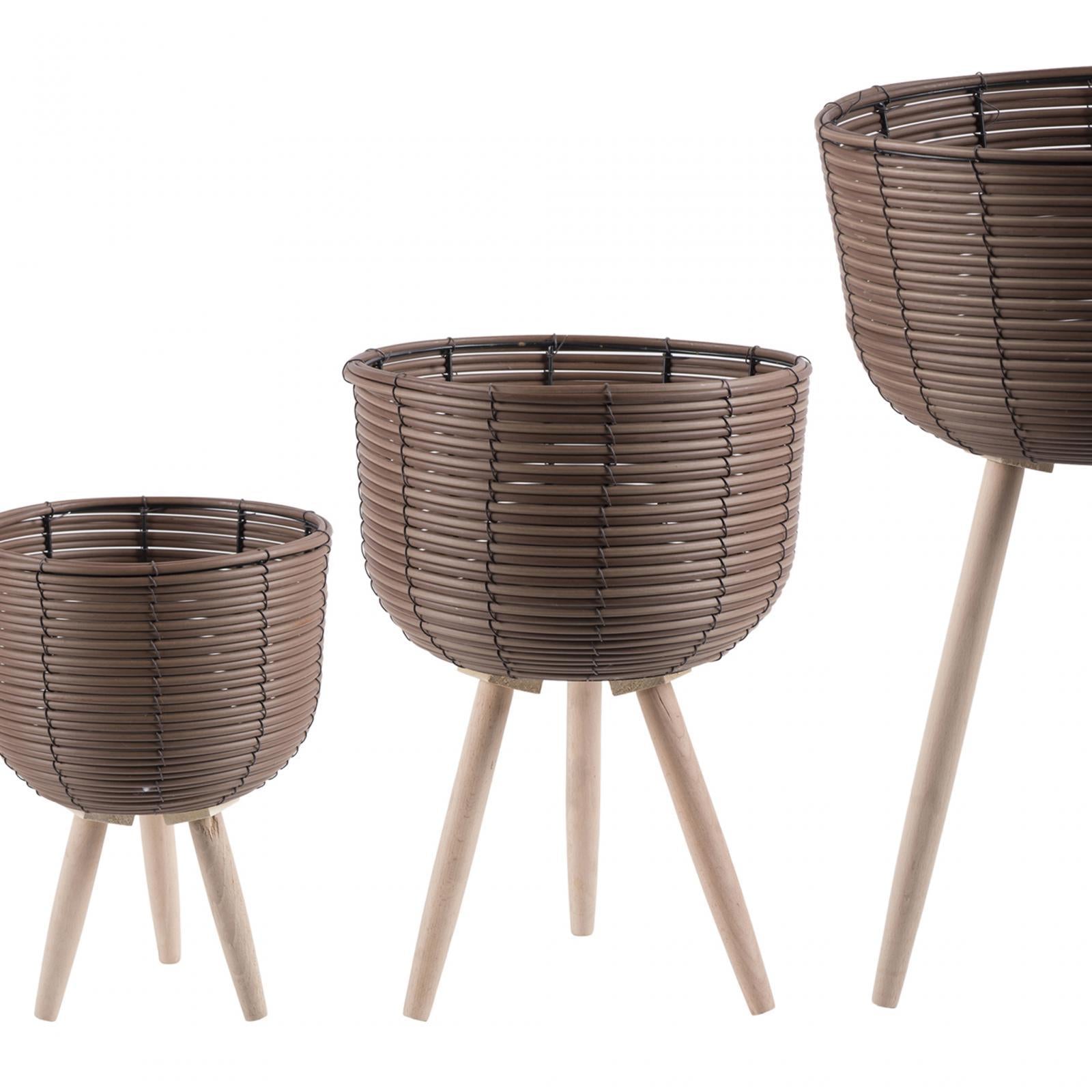 Set of 3 PP Rattan Basket Floor Planter with Standing Legs for Patio Balcony