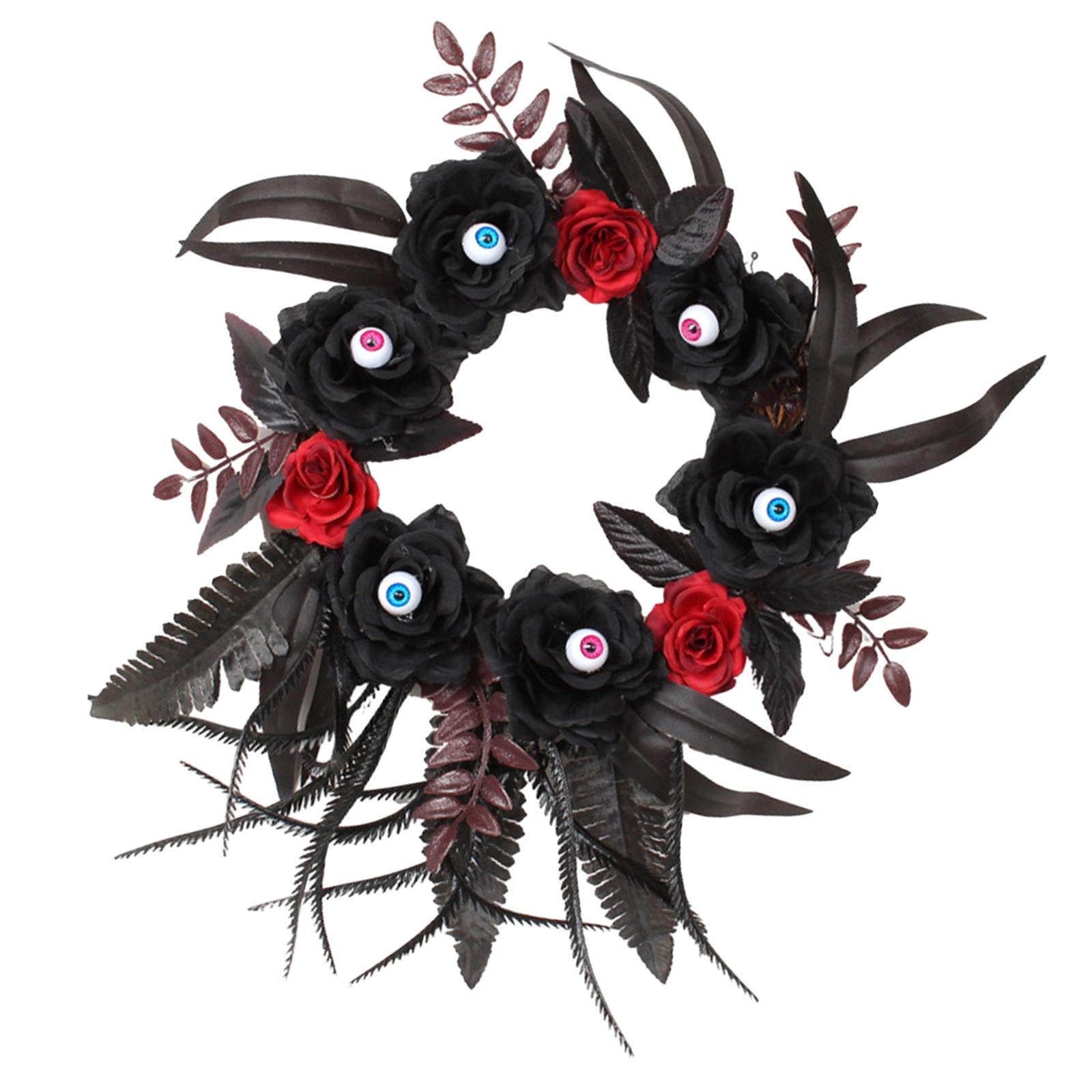 Halloween Artificial Eyeball Black Rose Hanging Wreath Ornament for Entryway