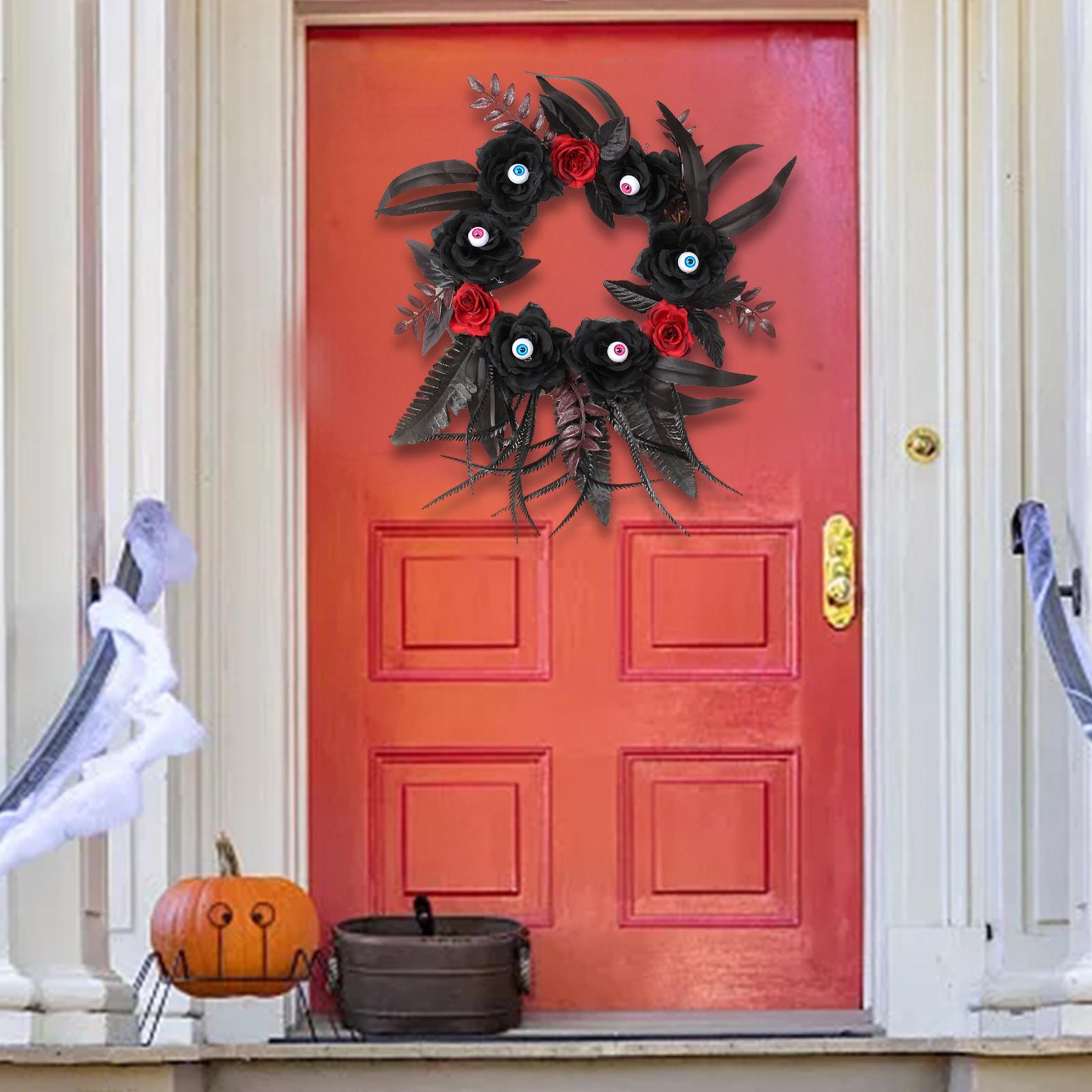 Halloween Artificial Eyeball Black Rose Hanging Wreath Ornament for Entryway