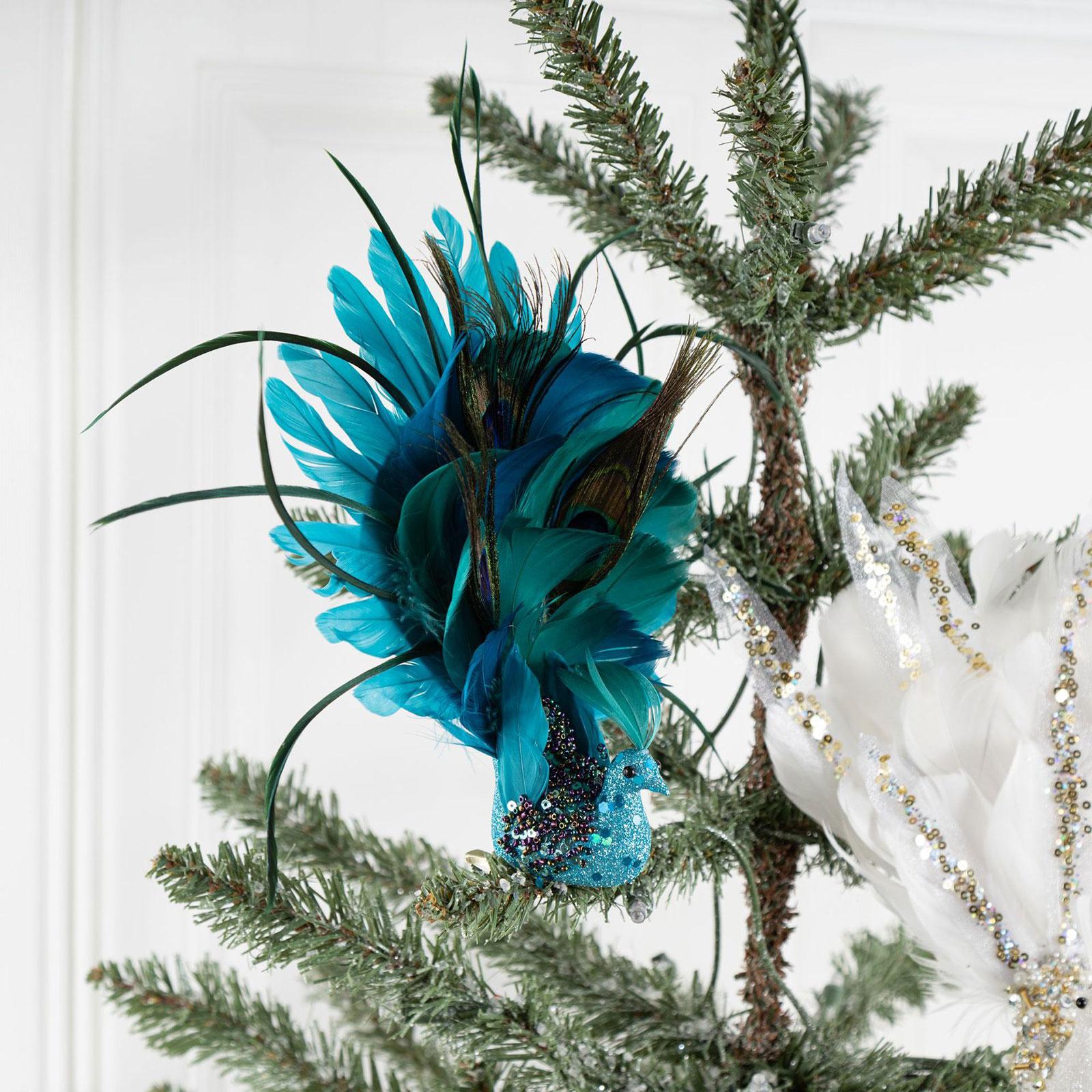 Peacock Clip with Large Feather Tail Pendant for Party Masquerade Mardi Gras Blue 31cmx28cm