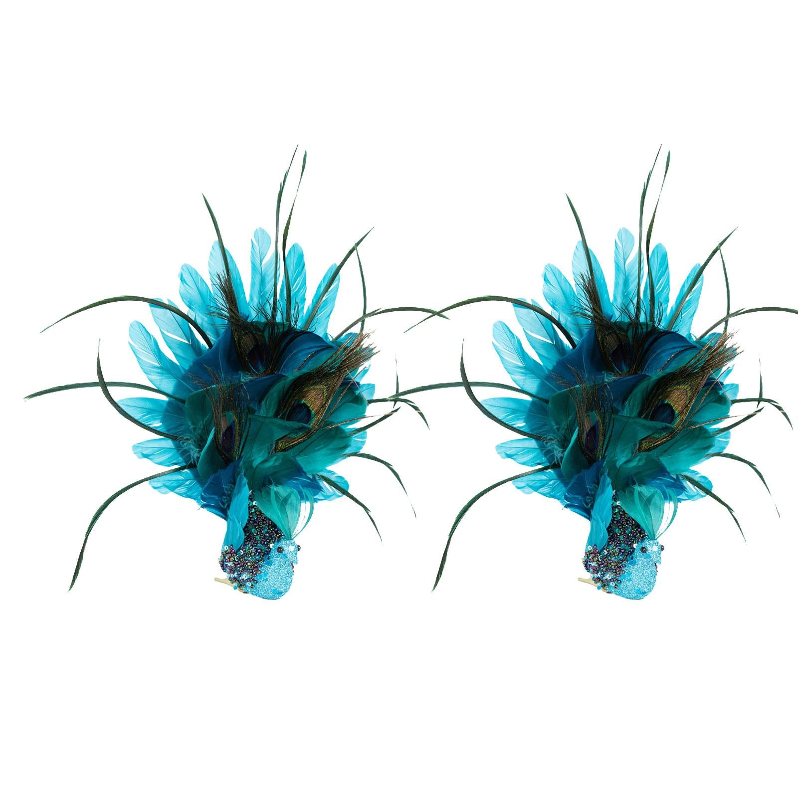 Peacock Clip with Large Feather Tail Pendant for Party Masquerade Mardi Gras Blue 31cmx28cm