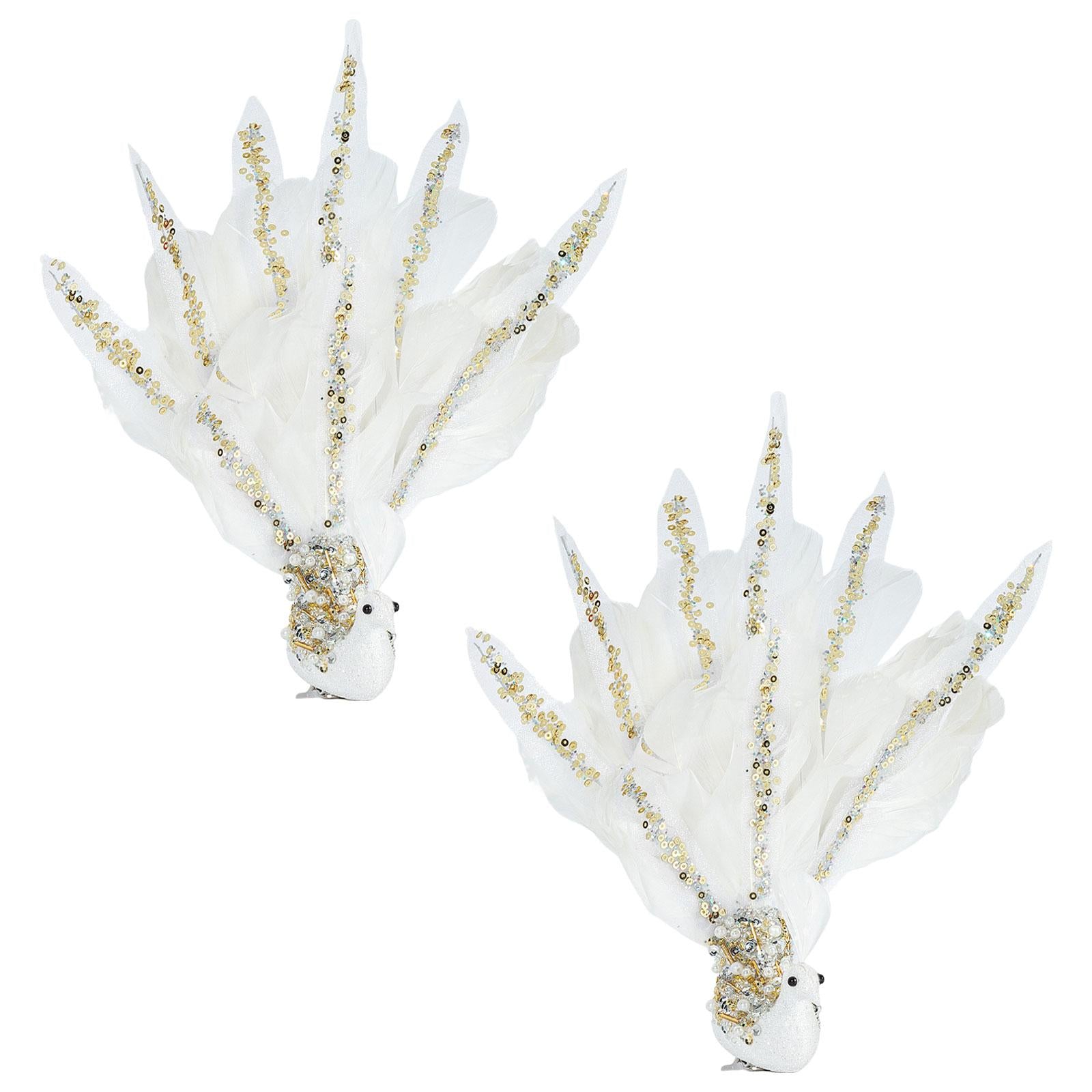 Peacock Clip with Large Feather Tail Pendant for Party Masquerade Mardi Gras White 24cmx28cm