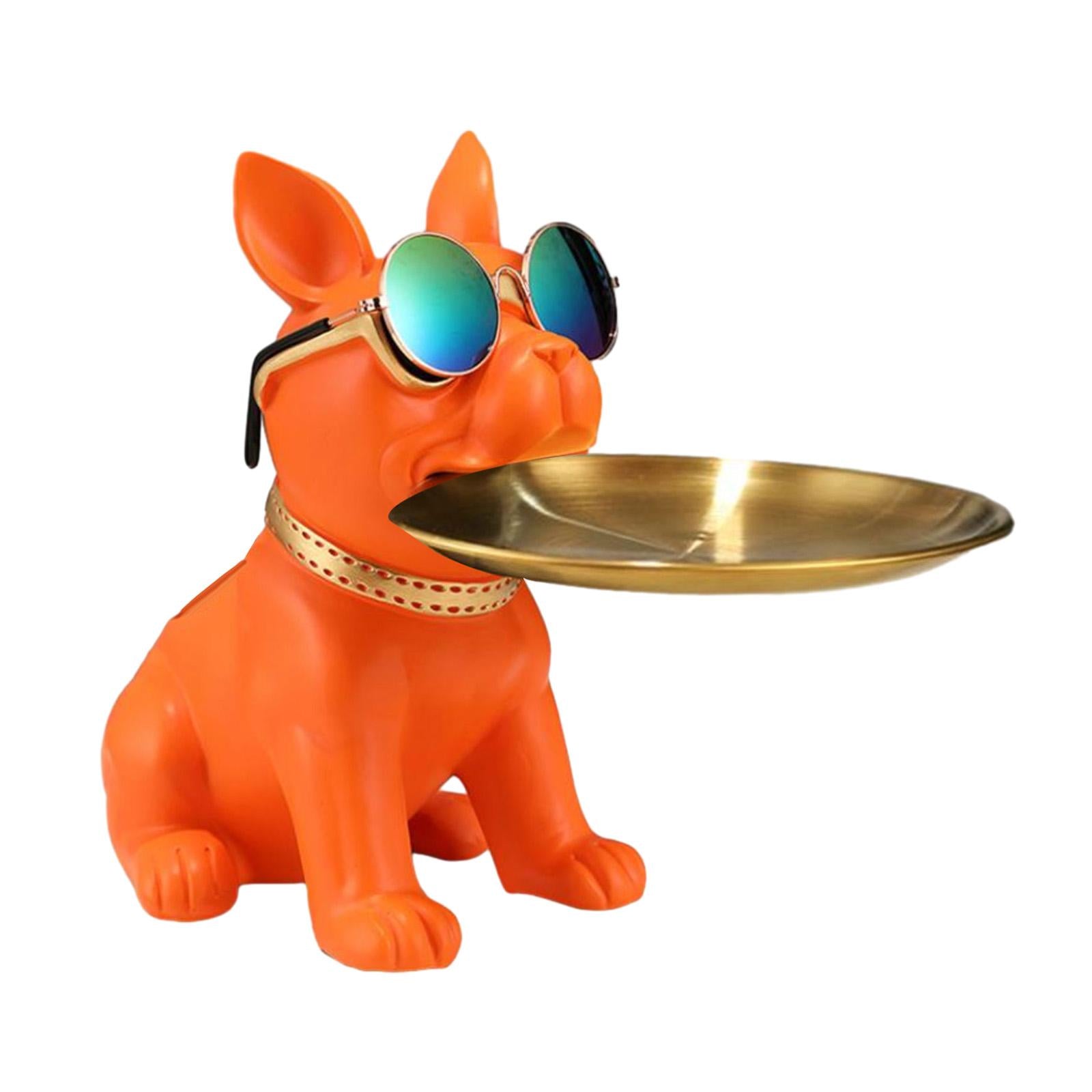 Bulldog Statue Cute Resin Desk Storage Tray for Office Living Room Bookshelf Orange
