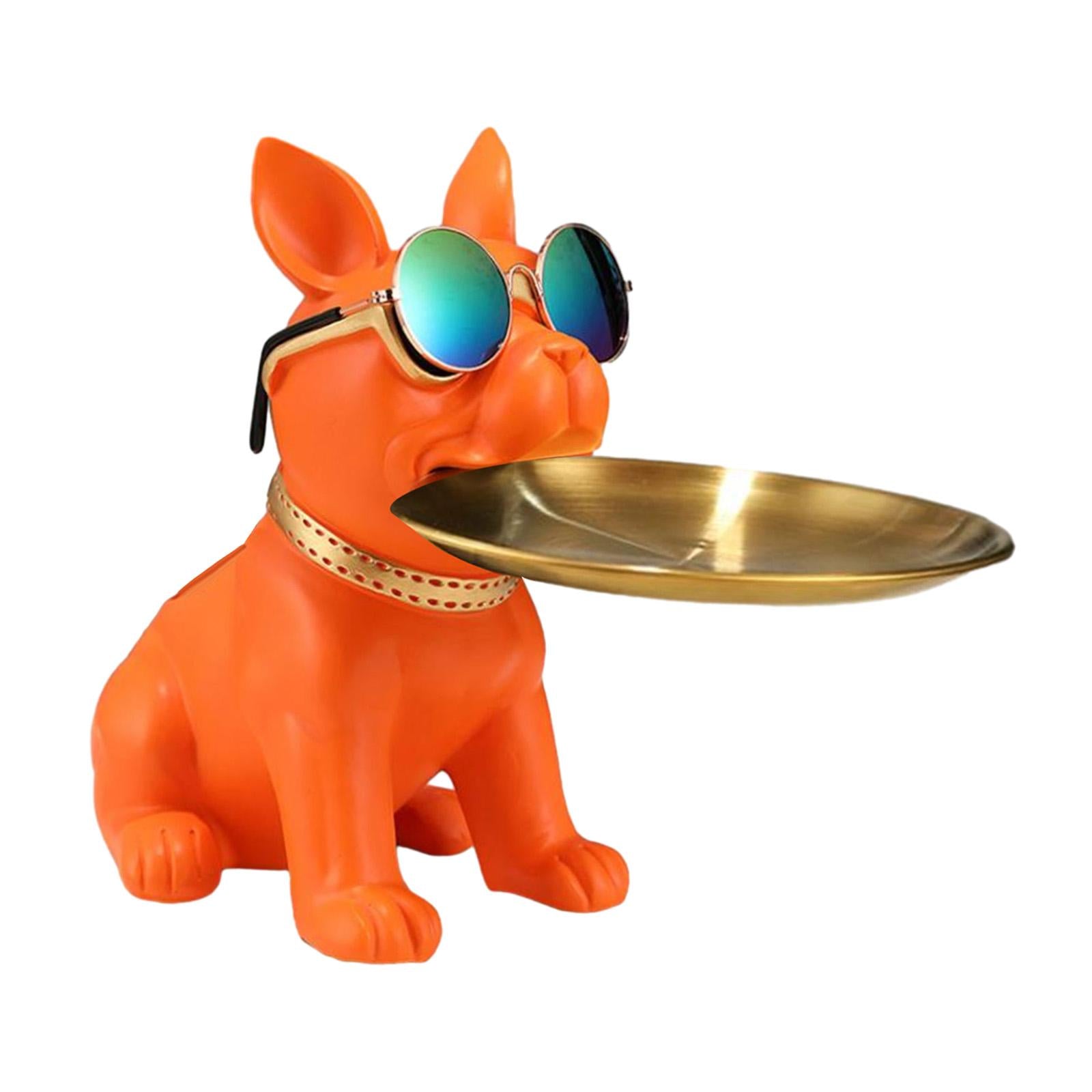 Bulldog Statue Cute Resin Desk Storage Tray for Office Living Room Bookshelf Orange