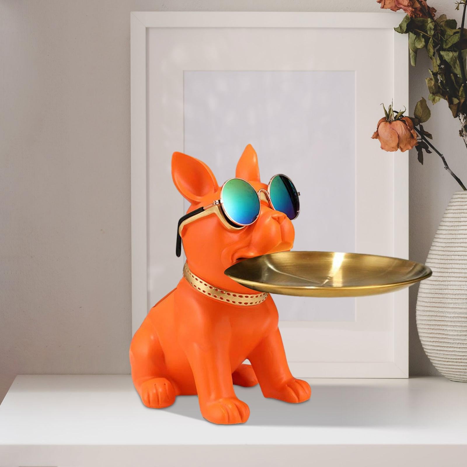 Bulldog Statue Cute Resin Desk Storage Tray for Office Living Room Bookshelf Orange