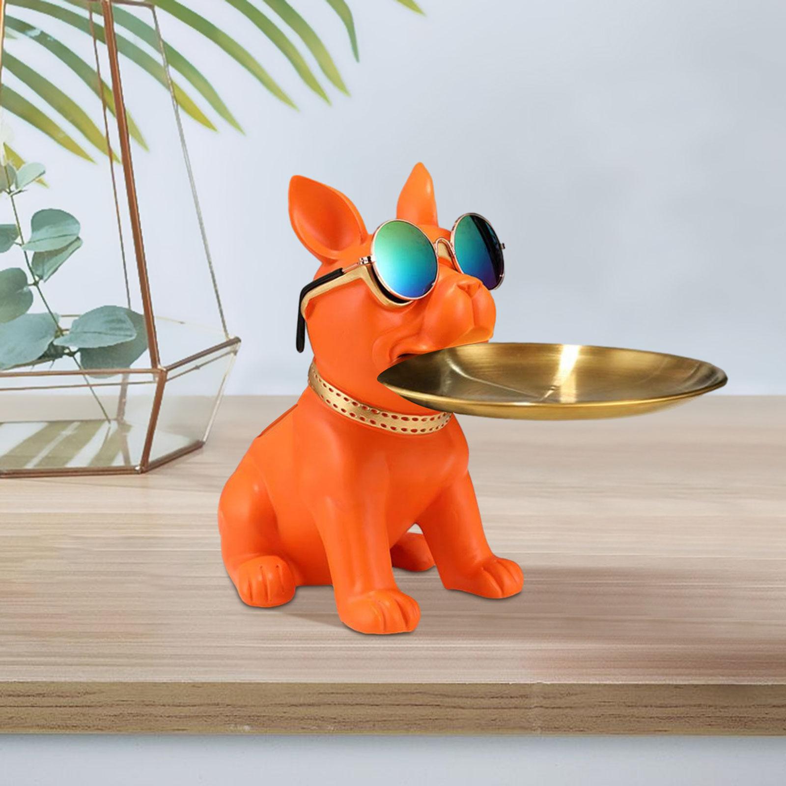 Bulldog Statue Cute Resin Desk Storage Tray for Office Living Room Bookshelf Orange