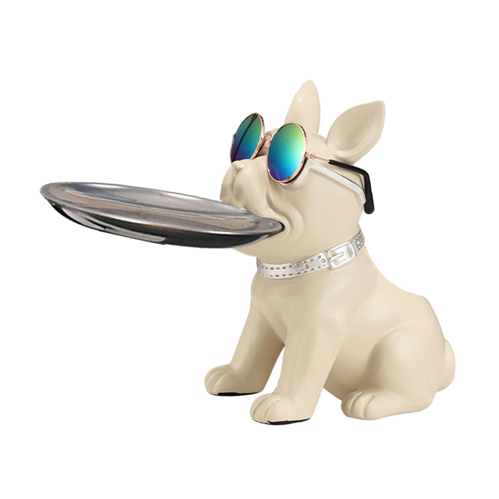 Bulldog Statue Cute Resin Desk Storage Tray for Office Living Room Bookshelf White