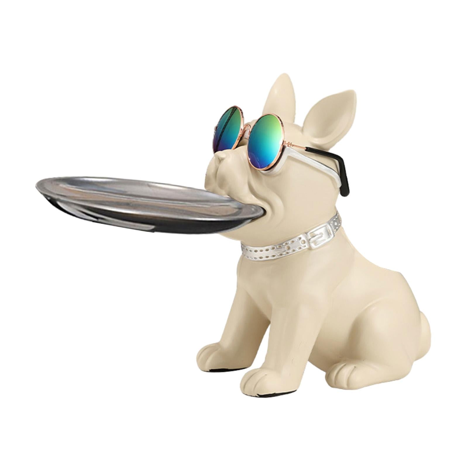 Bulldog Statue Cute Resin Desk Storage Tray for Office Living Room Bookshelf White