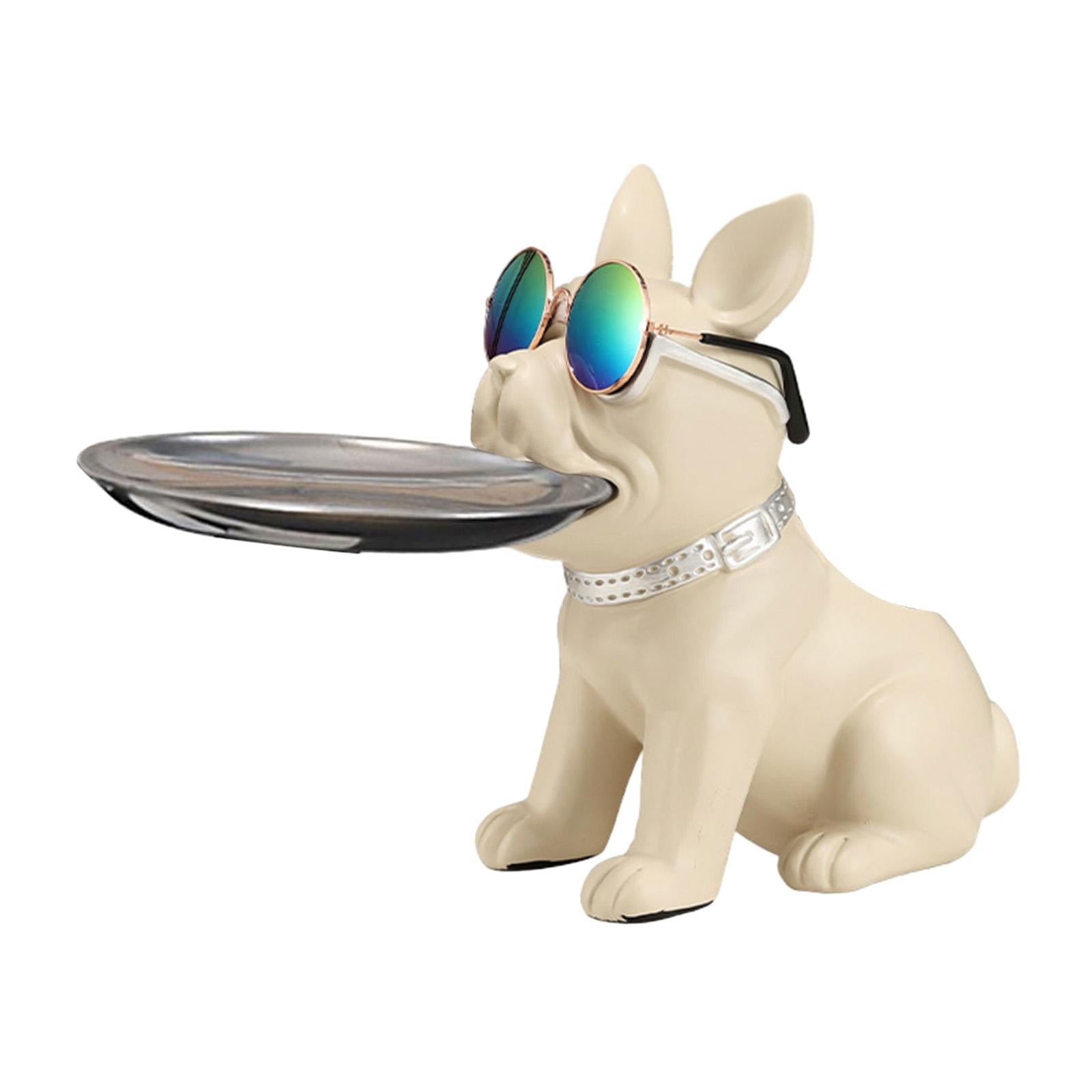 Bulldog Statue Cute Resin Desk Storage Tray for Office Living Room Bookshelf White