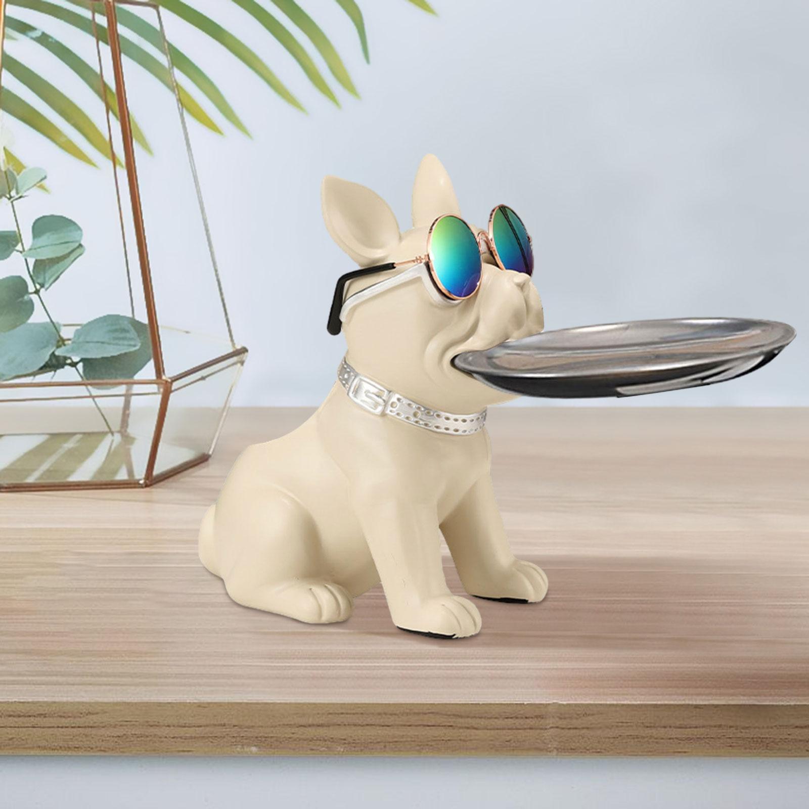 Bulldog Statue Cute Resin Desk Storage Tray for Office Living Room Bookshelf White