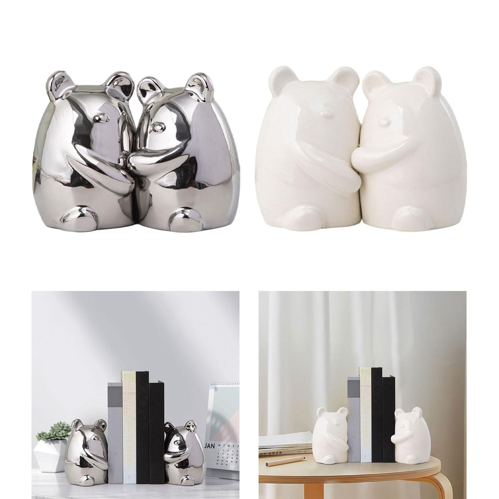 Set of 2 Ceramic Bears Book Ends Stands Bookends 4x3x5.5inch for Cafe Office Silvery