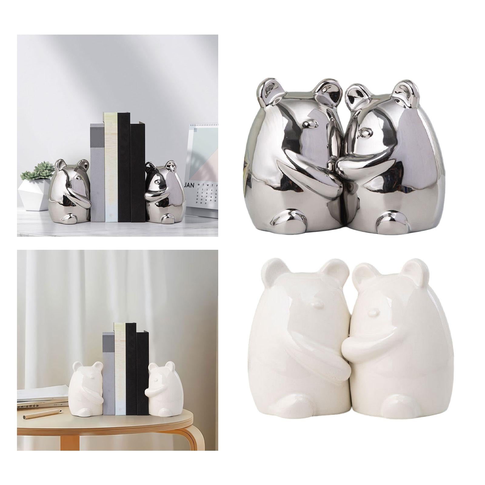Set of 2 Ceramic Bears Book Ends Stands Bookends 4x3x5.5inch for Cafe Office Silvery