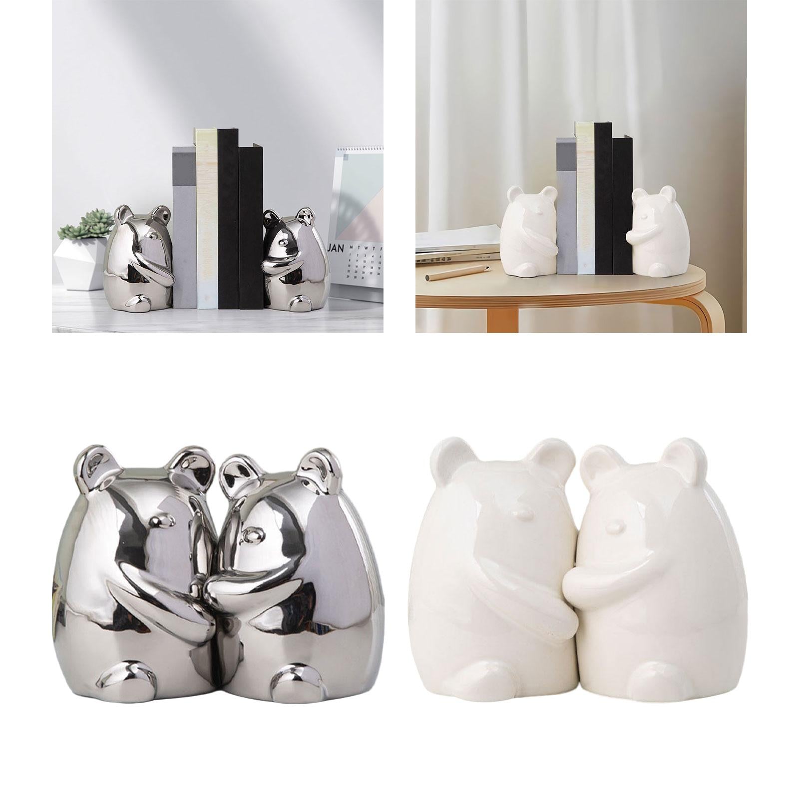 Set of 2 Ceramic Bears Book Ends Stands Bookends 4x3x5.5inch for Cafe Office Silvery