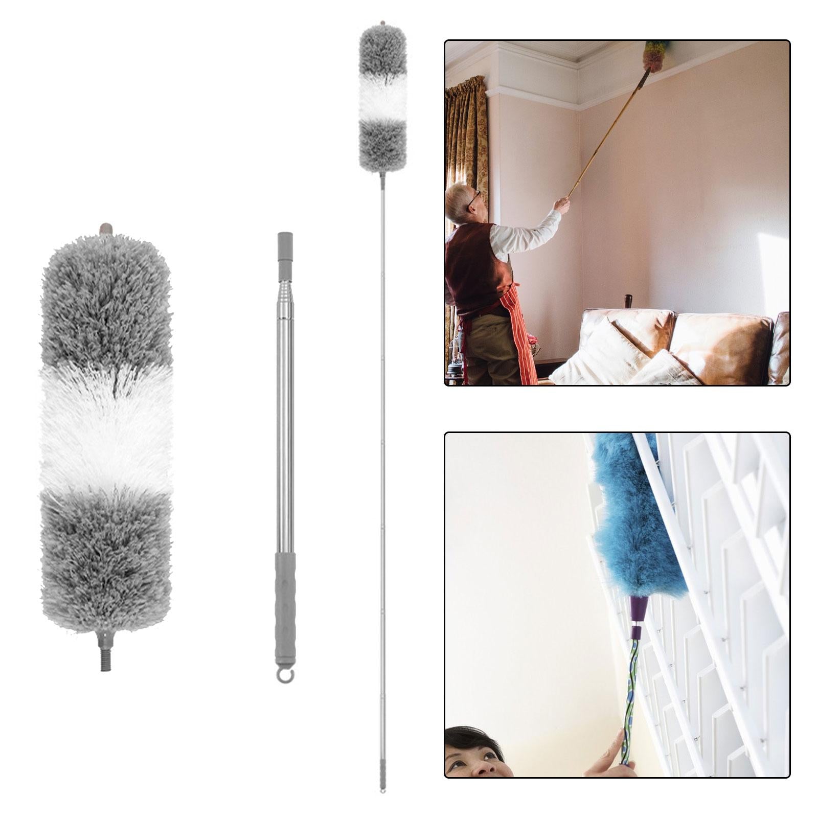 Microfiber Feather Duster Dust Brush Cleaner for Furniture Cars High Ceiling Gray White 2.5m