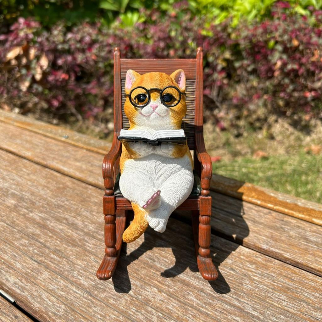 Cat Reading Books Sits on Chair Figurine Sculpture Cute for Table Desk Decor