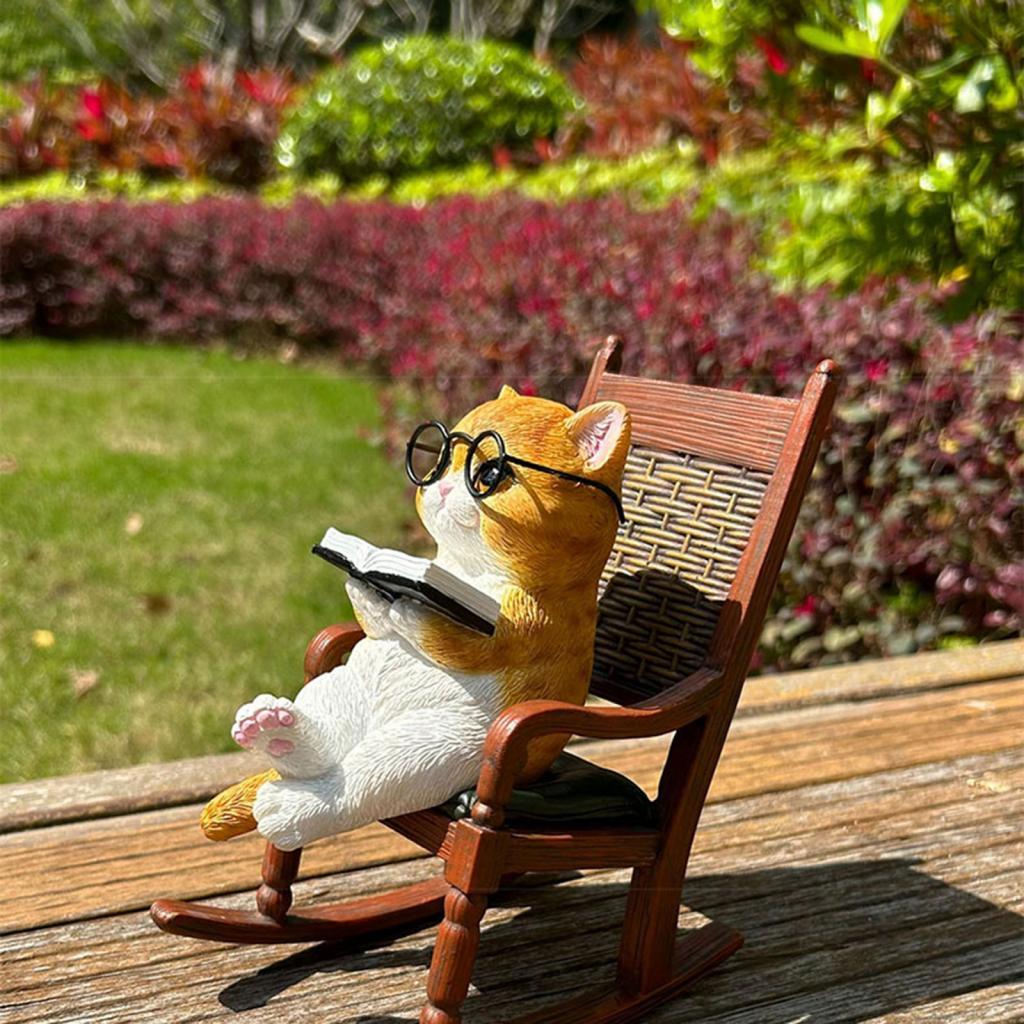Cat Reading Books Sits on Chair Figurine Sculpture Cute for Table Desk Decor