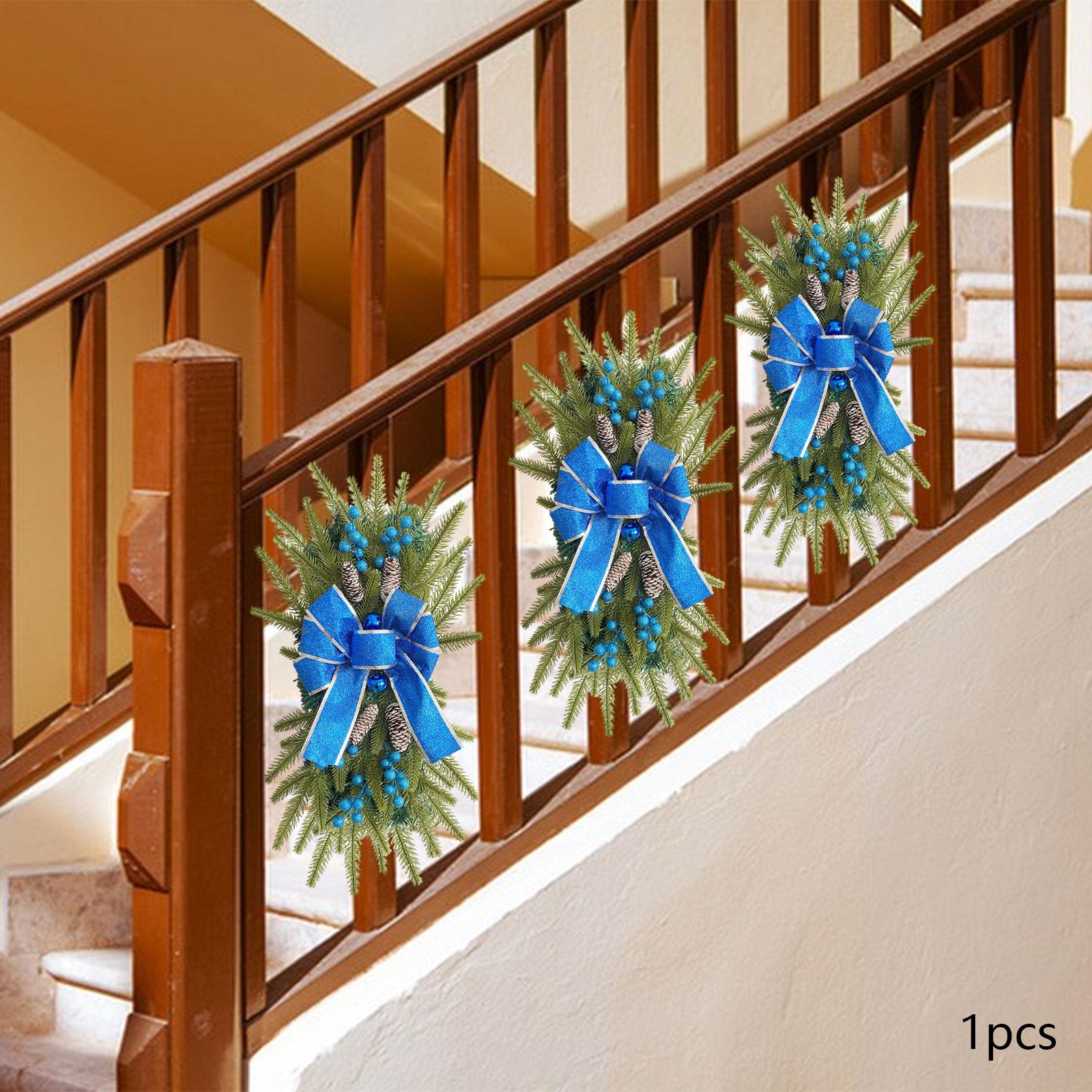 Pre Lit Stairway Swag Hanging Pendant for Farmhouse Fireplace Indoor Outdoor Blue